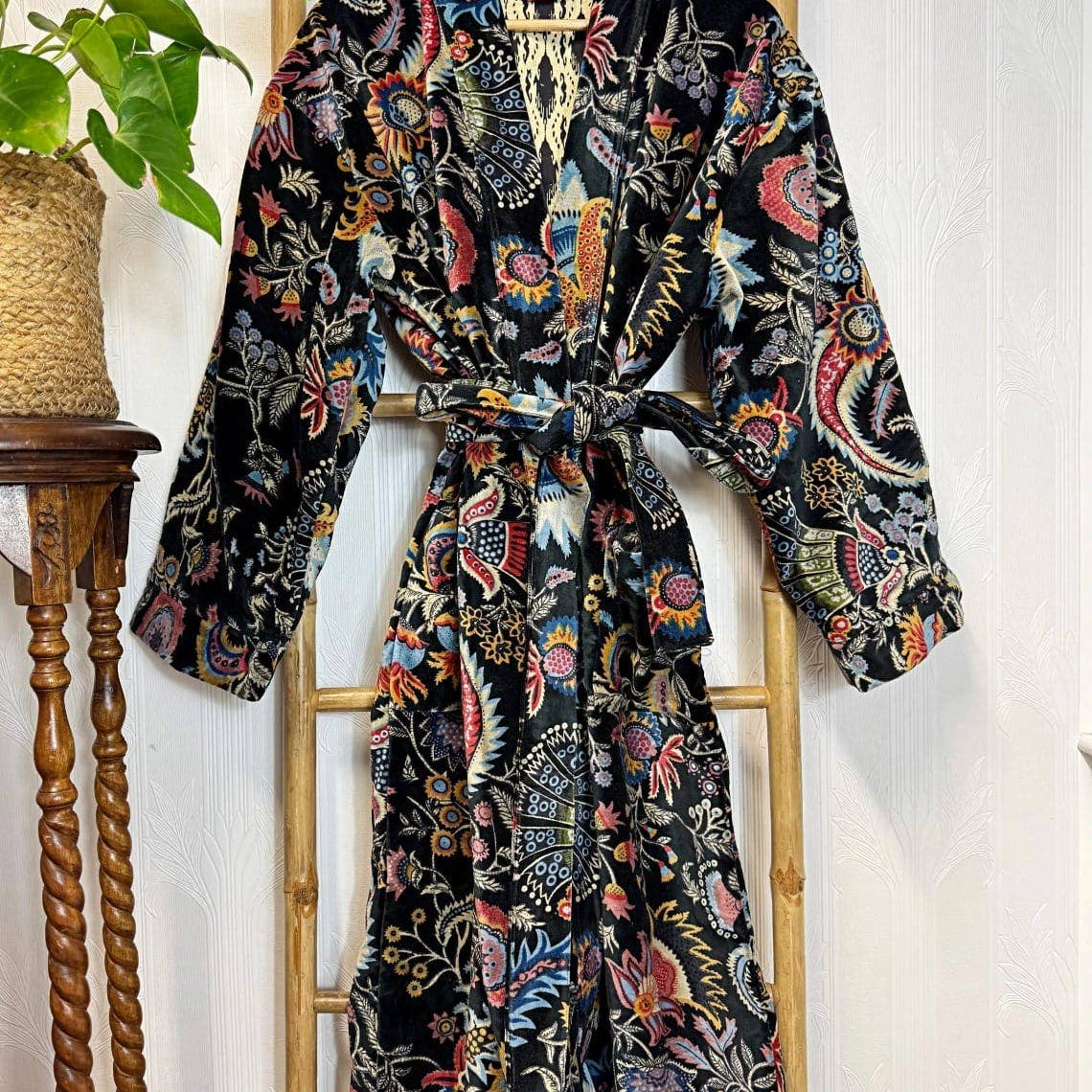 Black Luxurious Printed Velvet Robe, fully lined