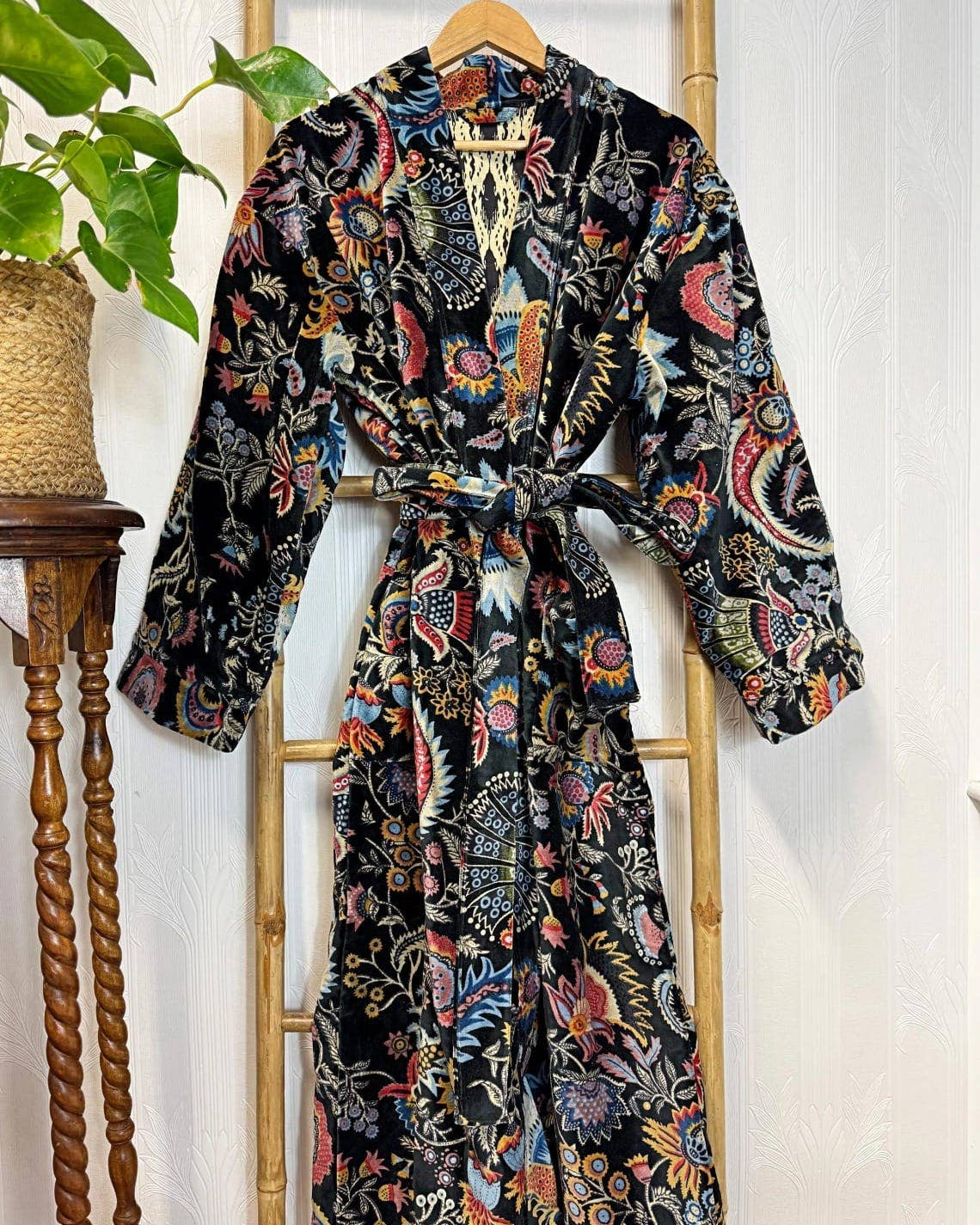 Black Luxurious Printed Velvet Robe, fully lined