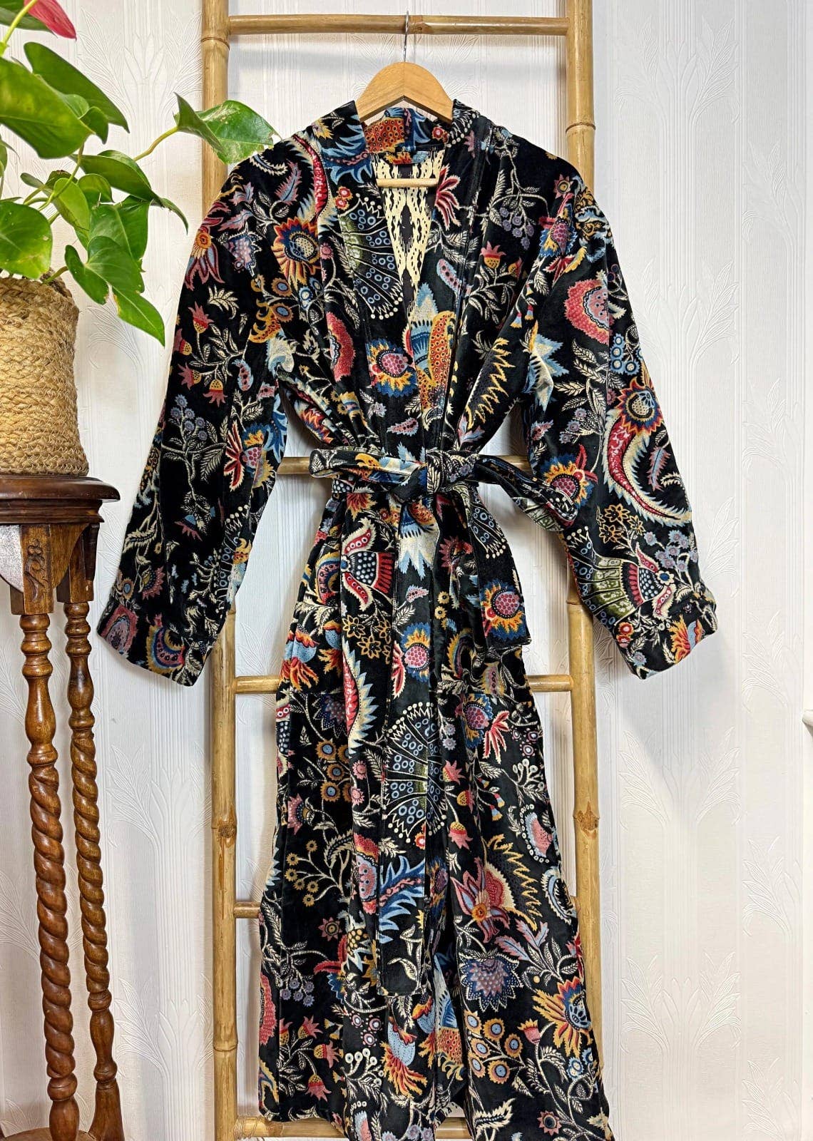 Black Luxurious Printed Velvet Robe, fully lined