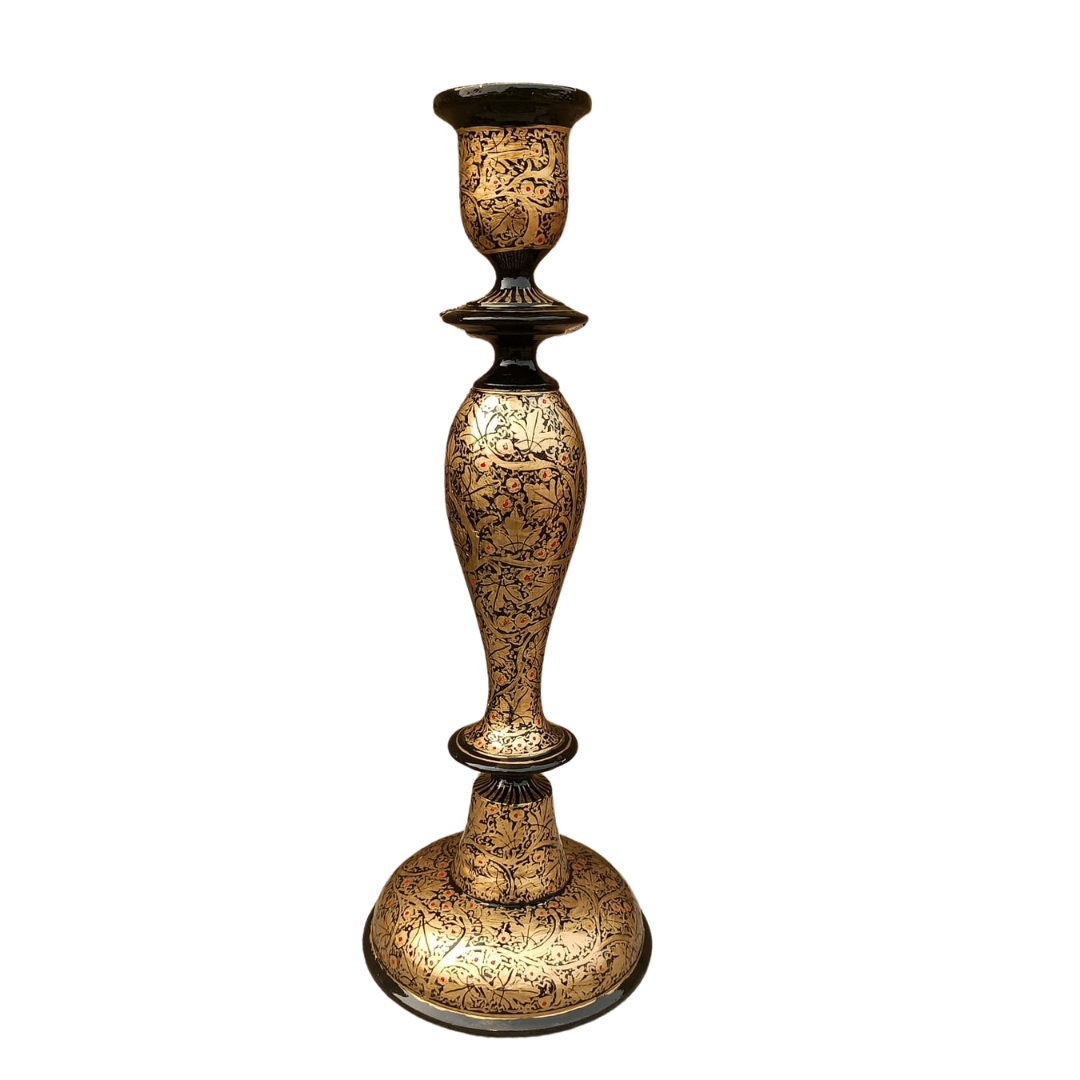 Black and Gold Wooden Candlestick Holder Kashmiri Design 12 Inch