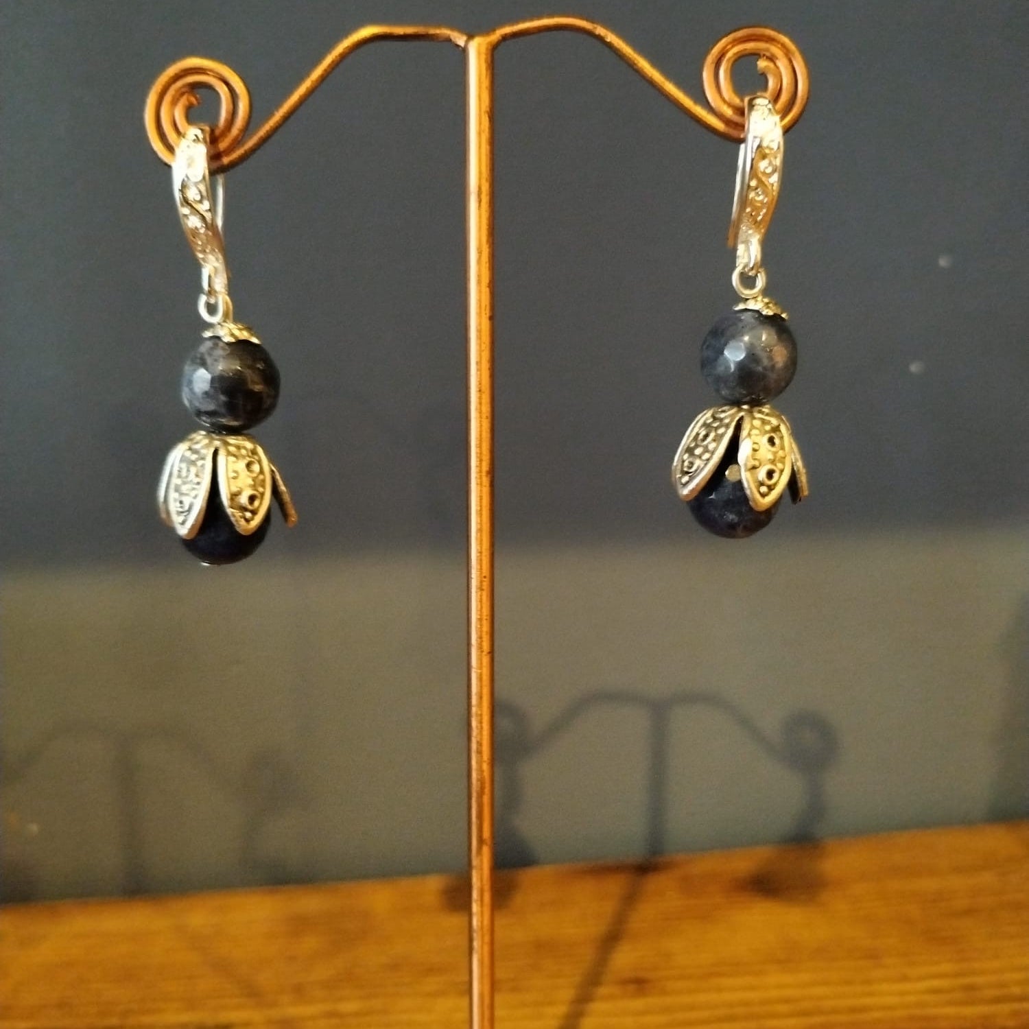 Black sodalite Drop Earrings With Silver Flower Bud Earrings