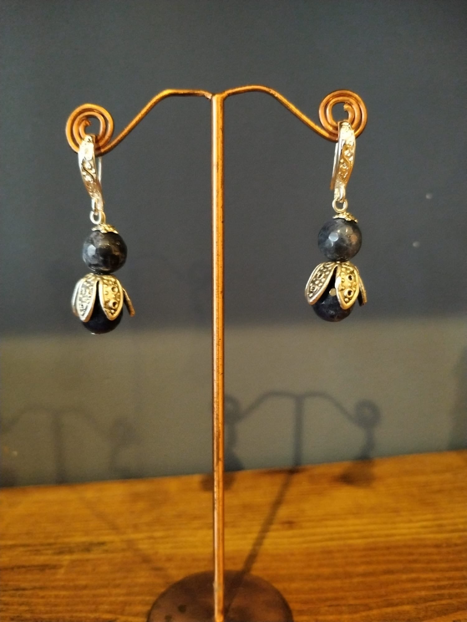 Black sodalite Drop Earrings With Silver Flower Bud Earrings