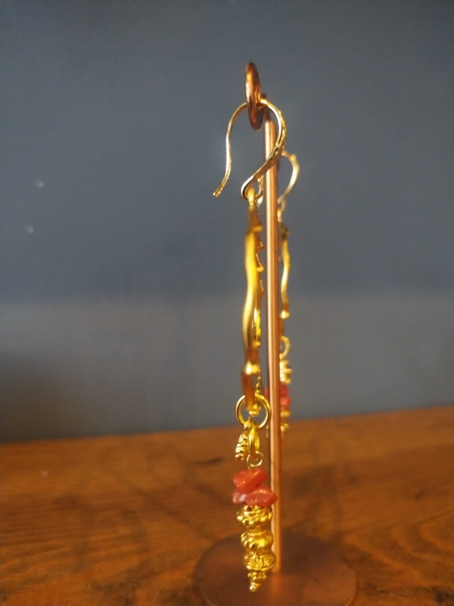 Irregular Gold Hoop Earrings with Coral Stones Handmade in Bristol