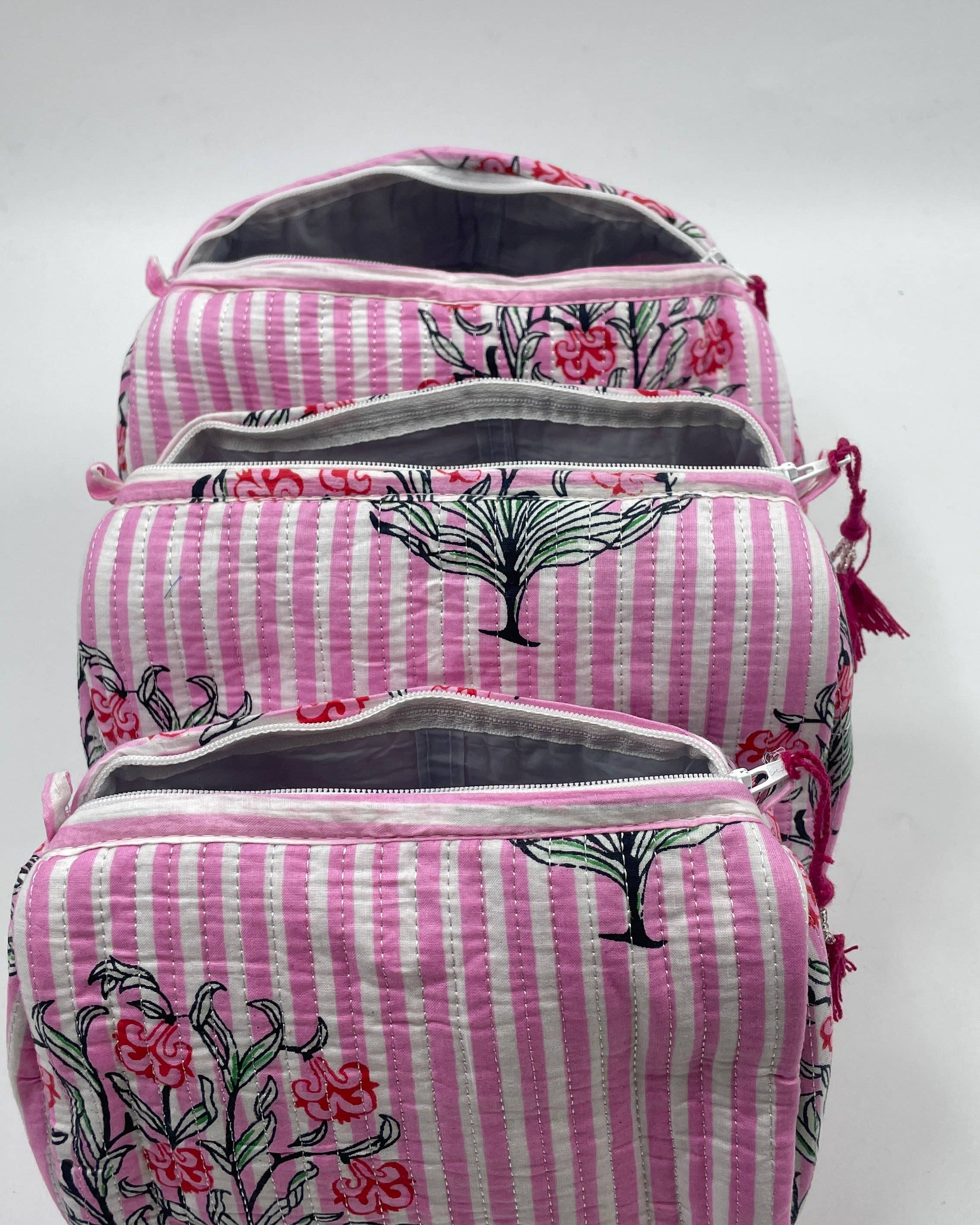 Pink Stripe cotton  set of 3 quilted wash bag
