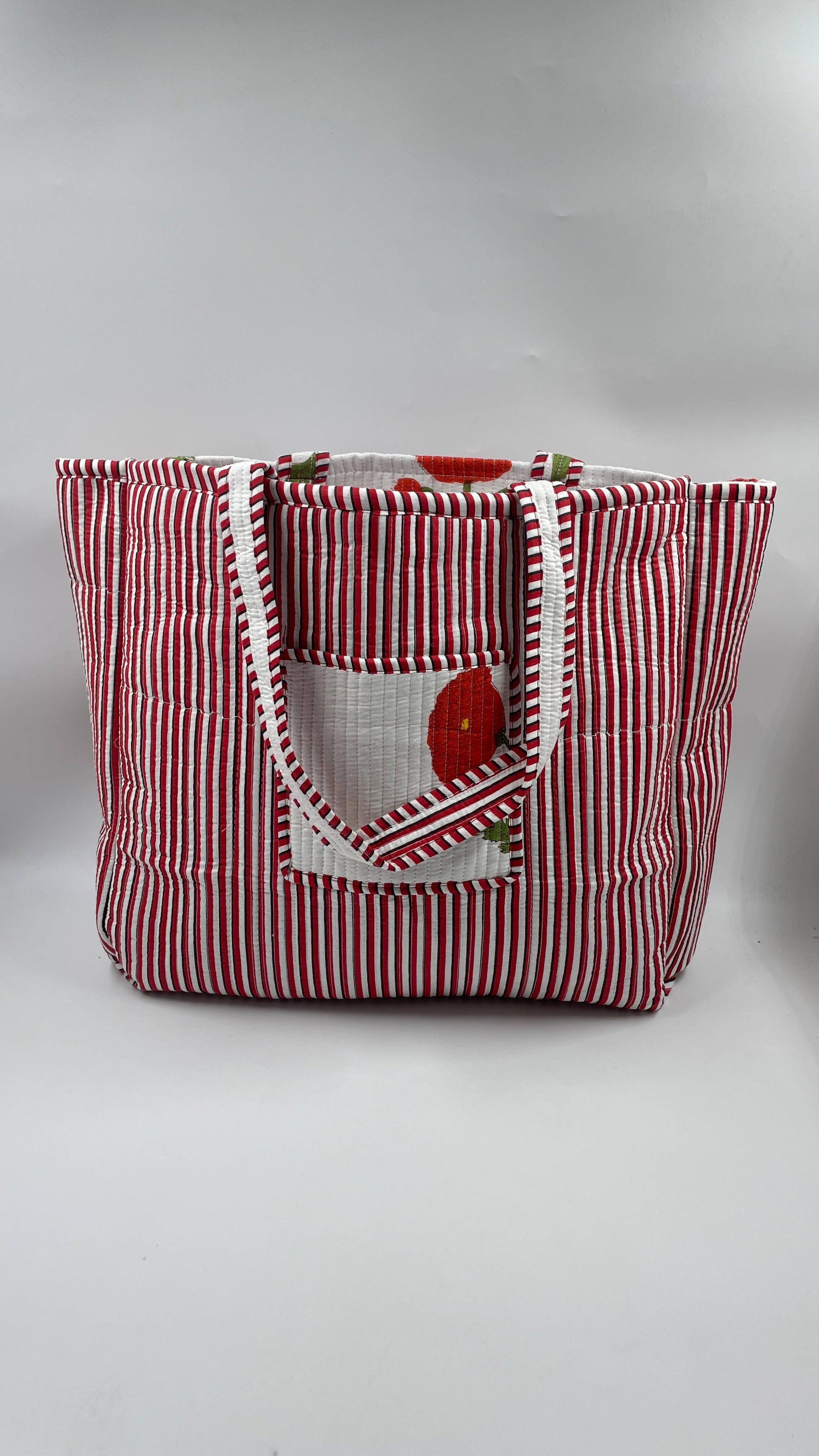 Large White Tote with Red Marigold Design