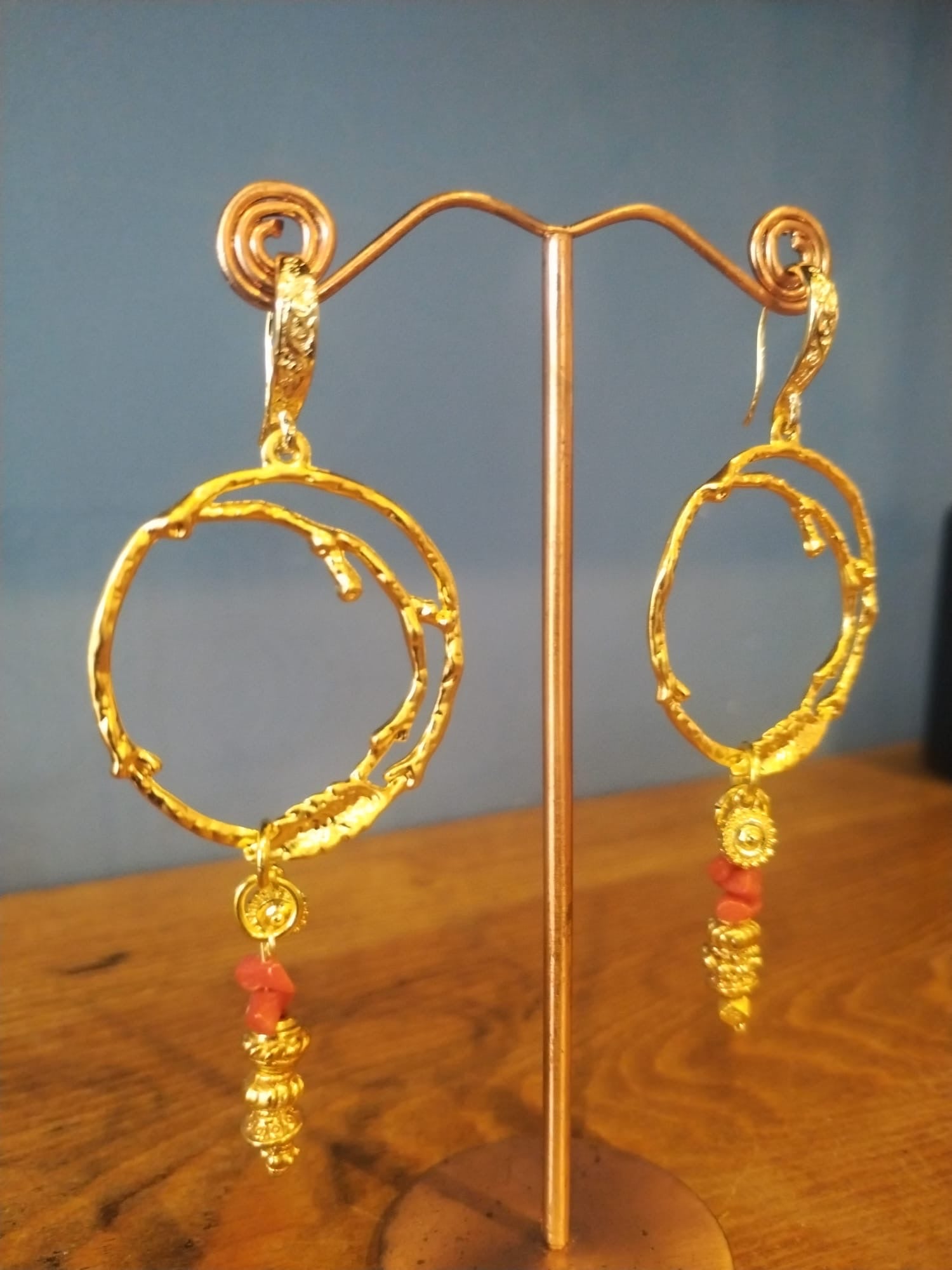Irregular Gold Hoop Earrings with Coral Stones Handmade in Bristol