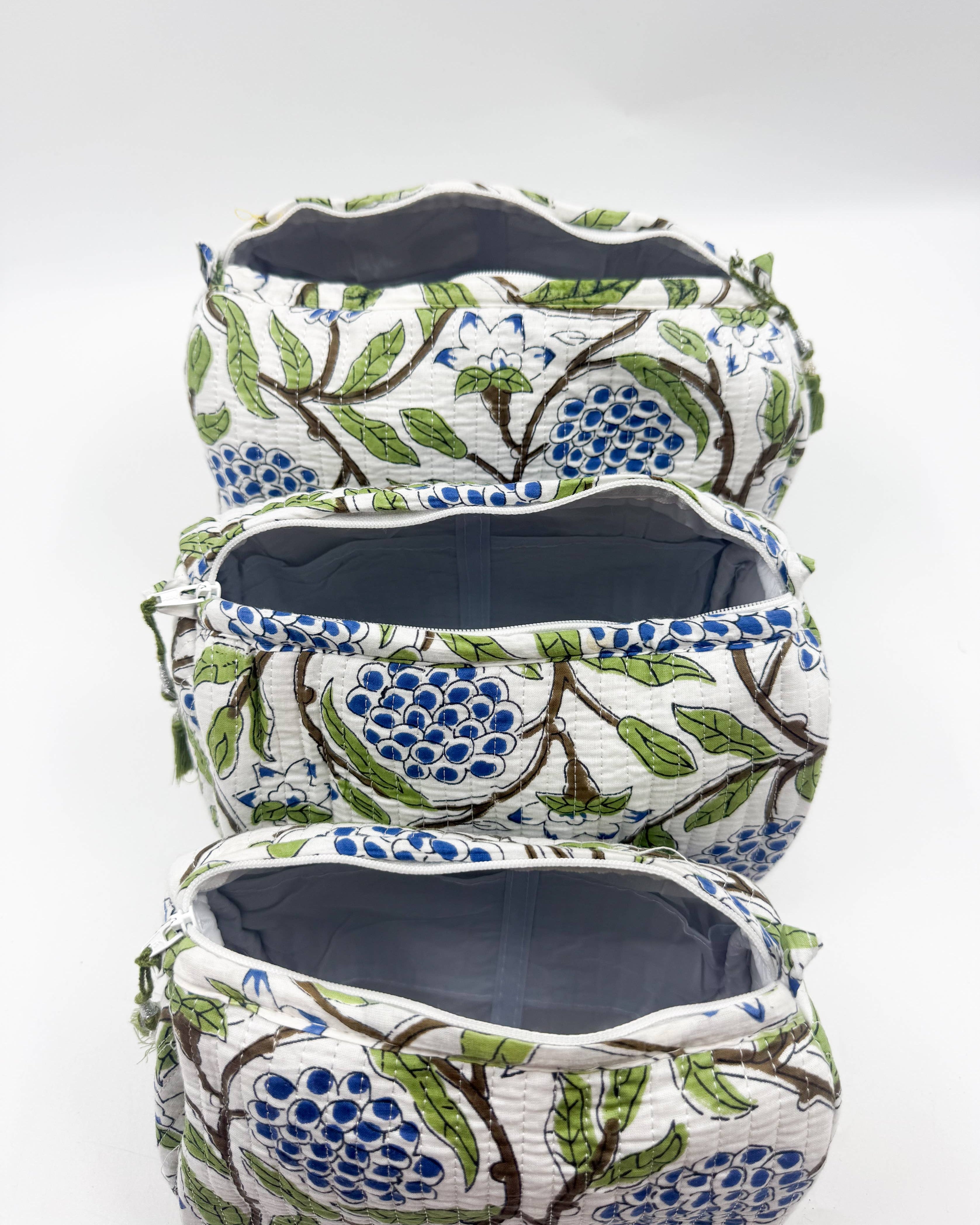 Set of Three Quilted Wash Bags with Blue Floral Vine Print