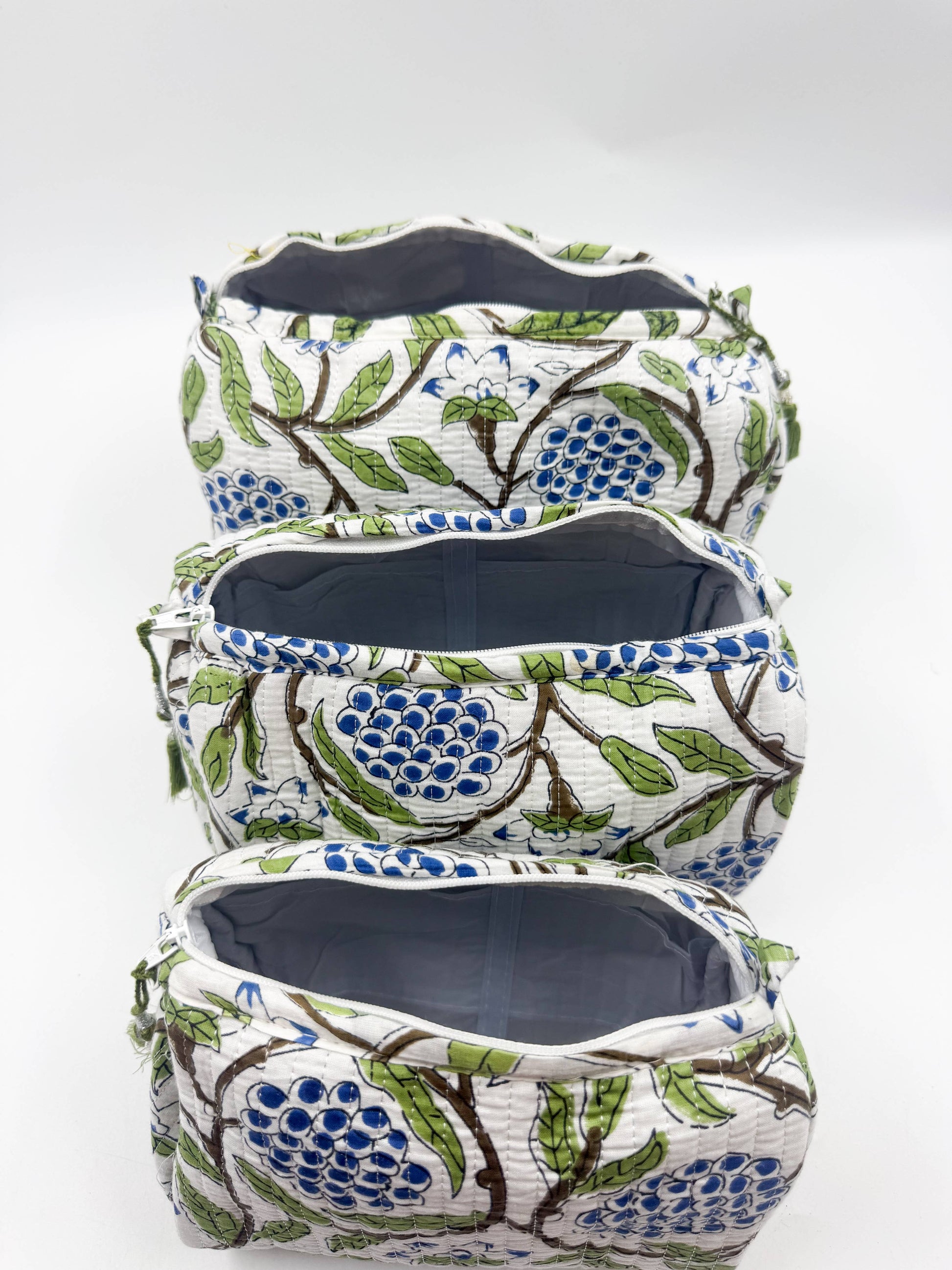 Set of Three Quilted Wash Bags with Blue Floral Vine Print