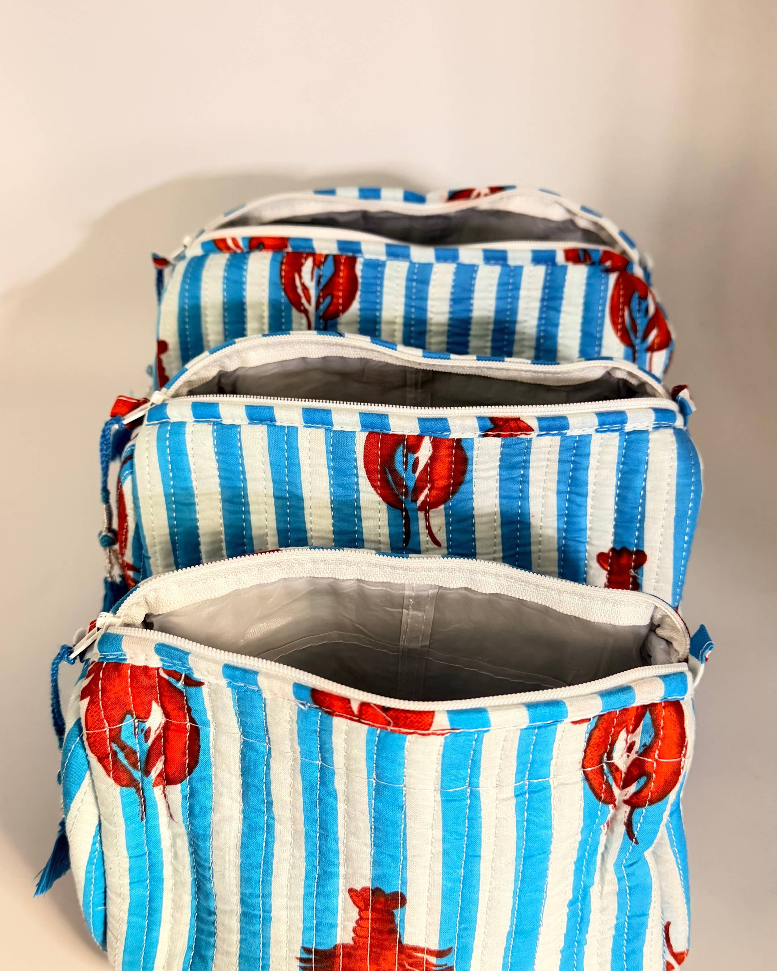 Set of Three Quilted Wash Bags with Blue Stripe Lobster Print