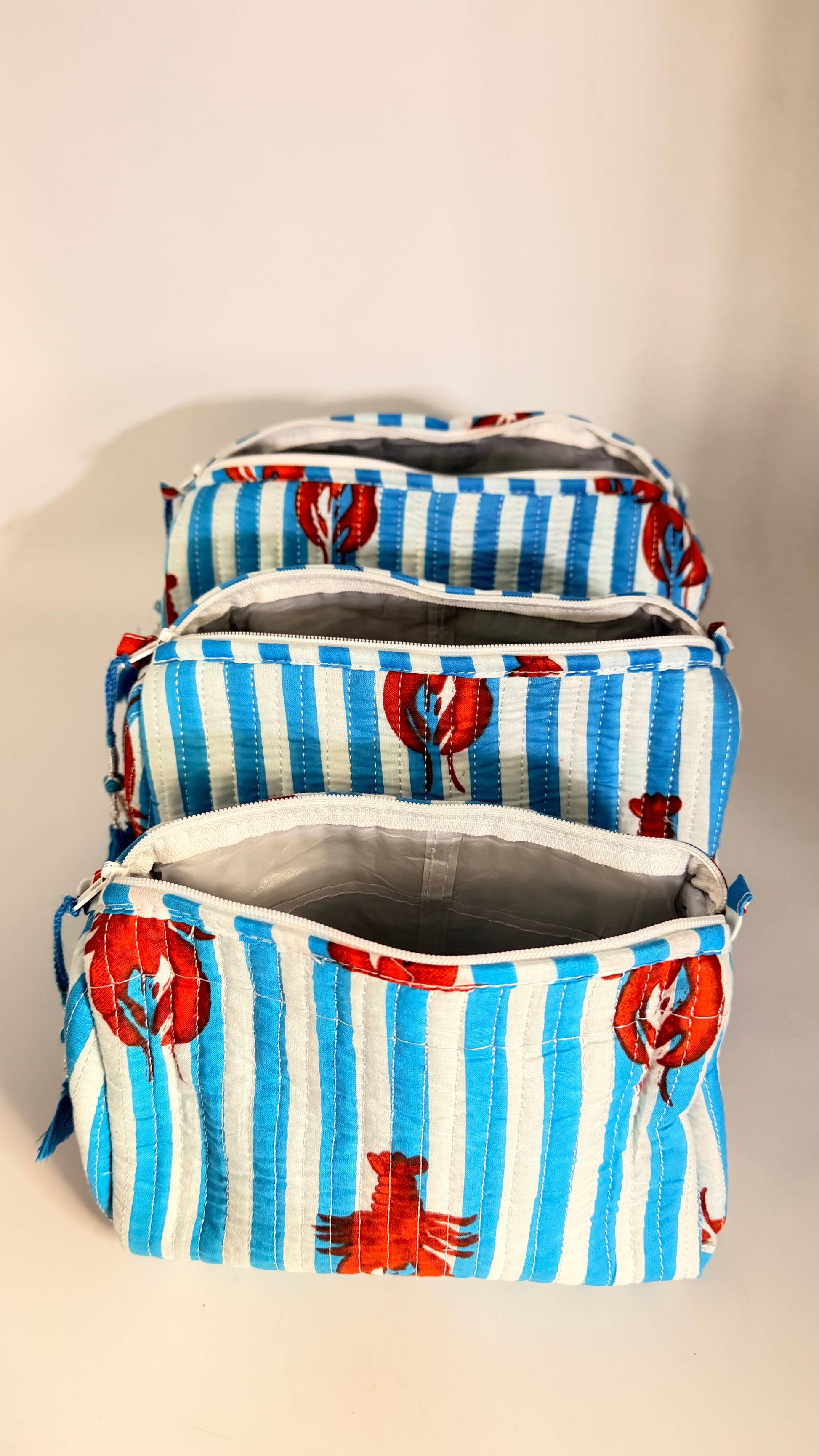Set of Three Quilted Wash Bags with Blue Stripe Lobster Print