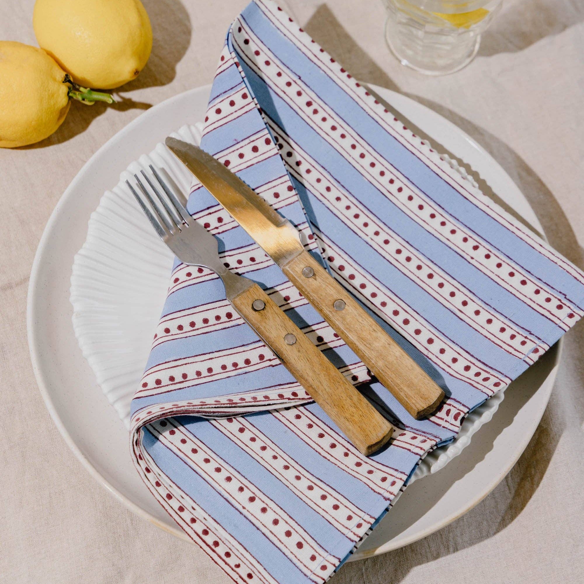 Mini Stripe & Spot Block Print Napkins Set of 4 Sky Blue & Burgundy
