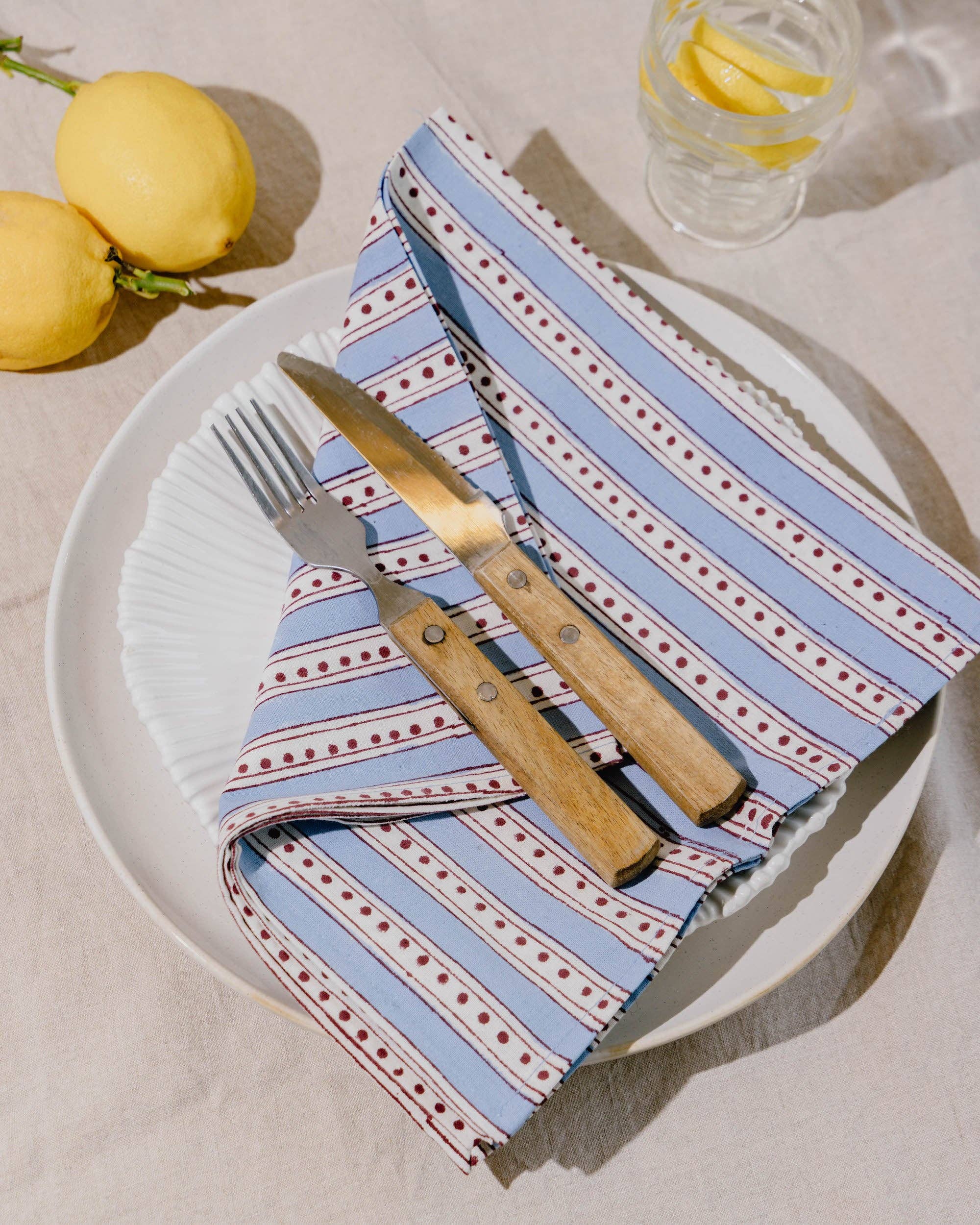 Mini Stripe & Spot Block Print Napkins Set of 4 Sky Blue & Burgundy