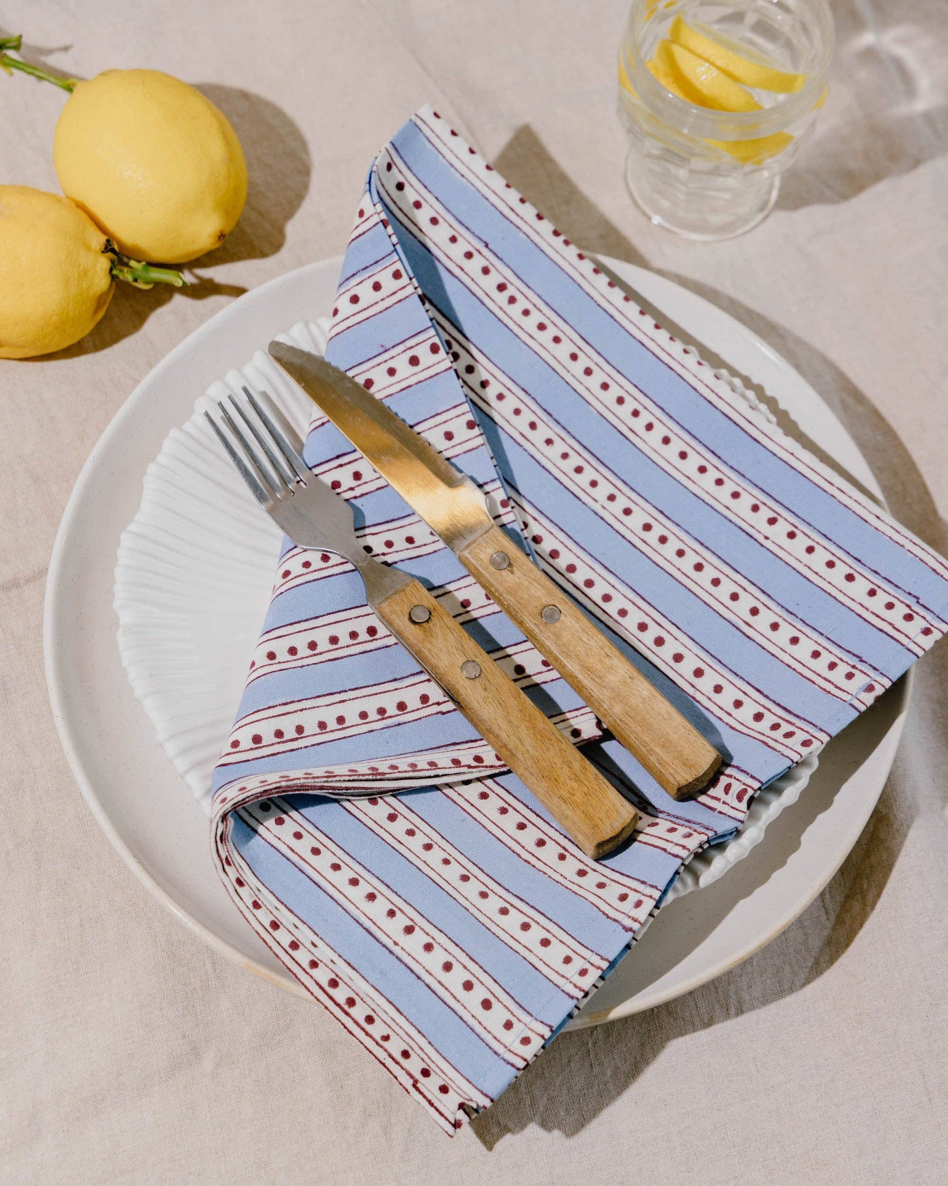 Mini Stripe & Spot Block Print Napkins: Blush pink stripe with burgundy spots - set of 4