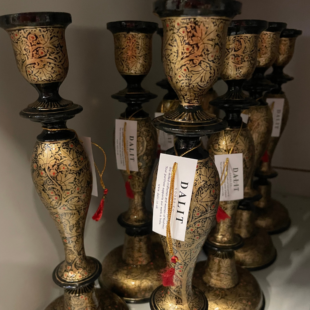 Black and Gold Wooden Candlestick Holder Kashmiri Design 12 Inch