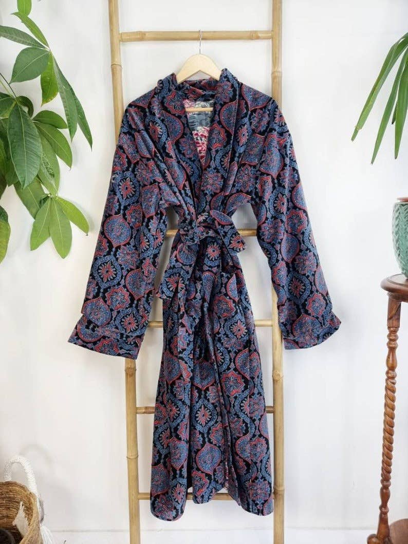 Luxury Velvet Robe - Black Blue Red Ajrakh Love Gift