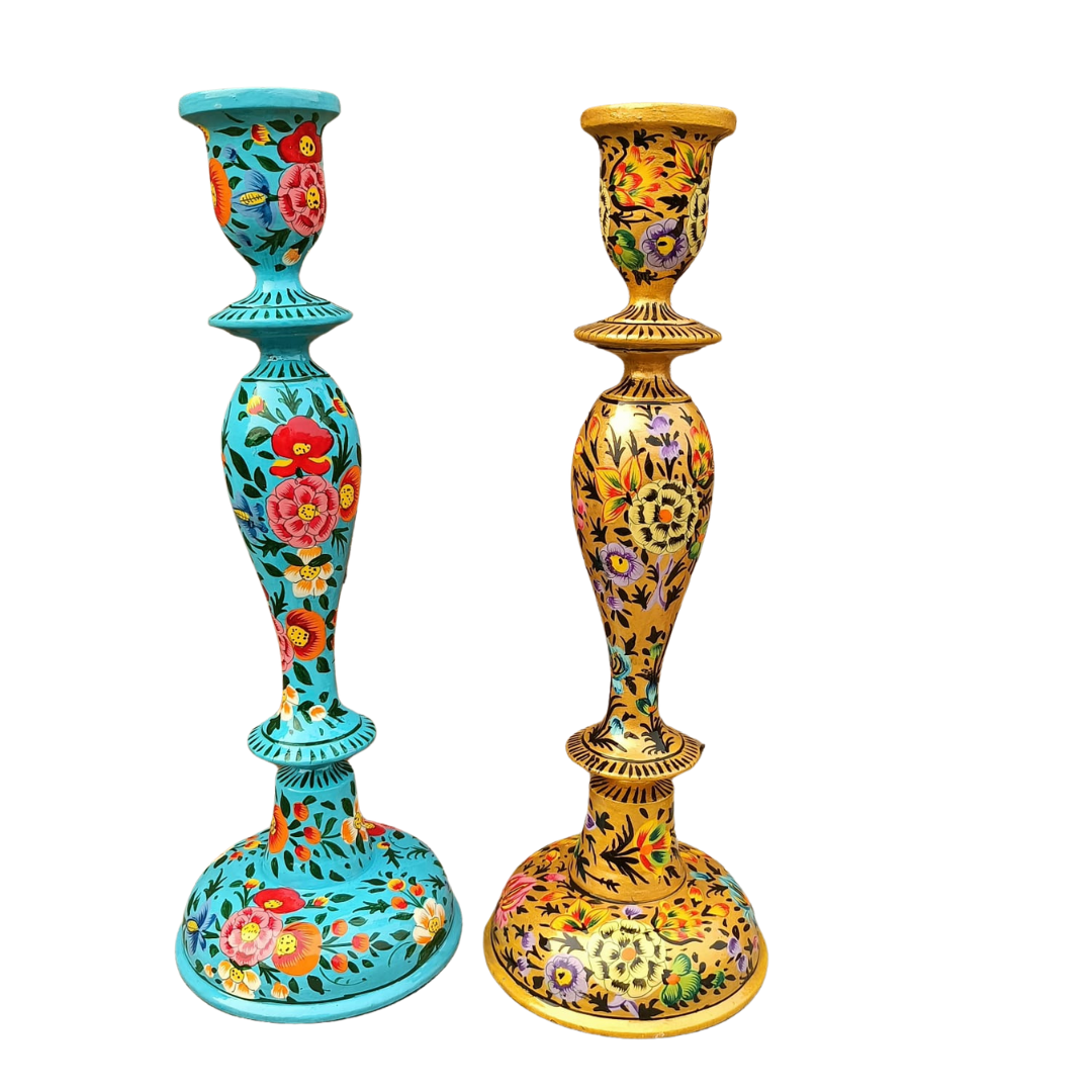 Wooden Candle Stick Holder 12" | Gold Floral