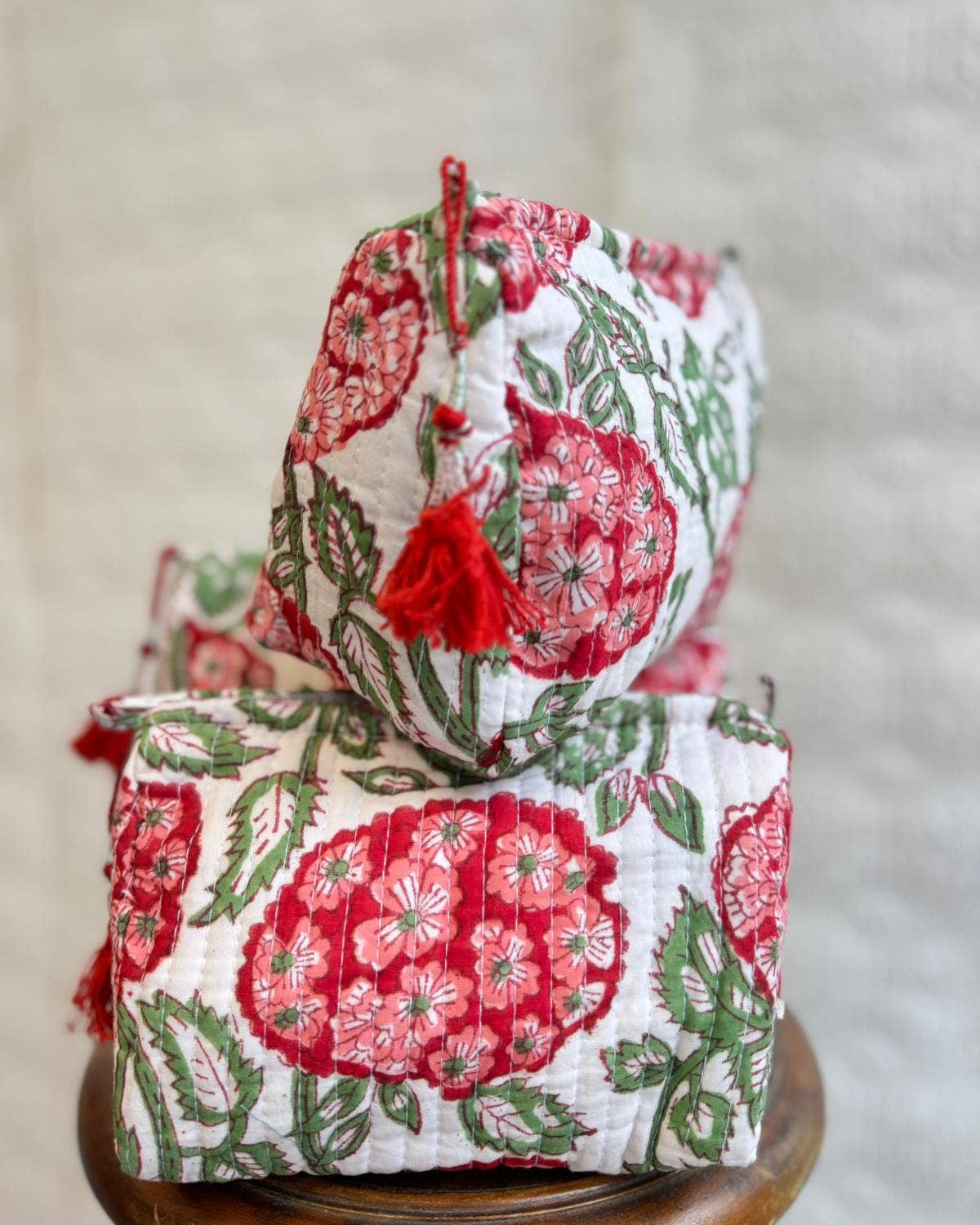 Red Hydrangea Quilted Wash Bag Set of Three