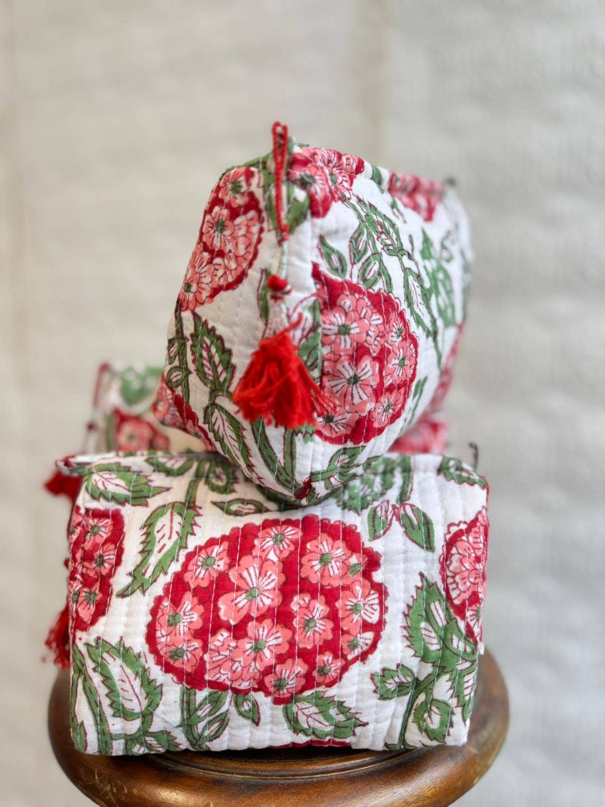 Red Hydrangea Quilted Wash Bag Set of Three