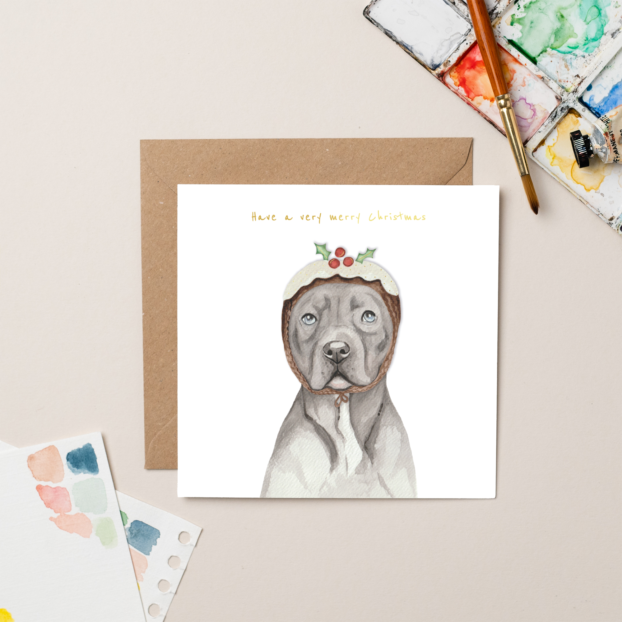 Staffordshire Bull Terrier Christmas Card with Pudding Hat by Lil Wabbit