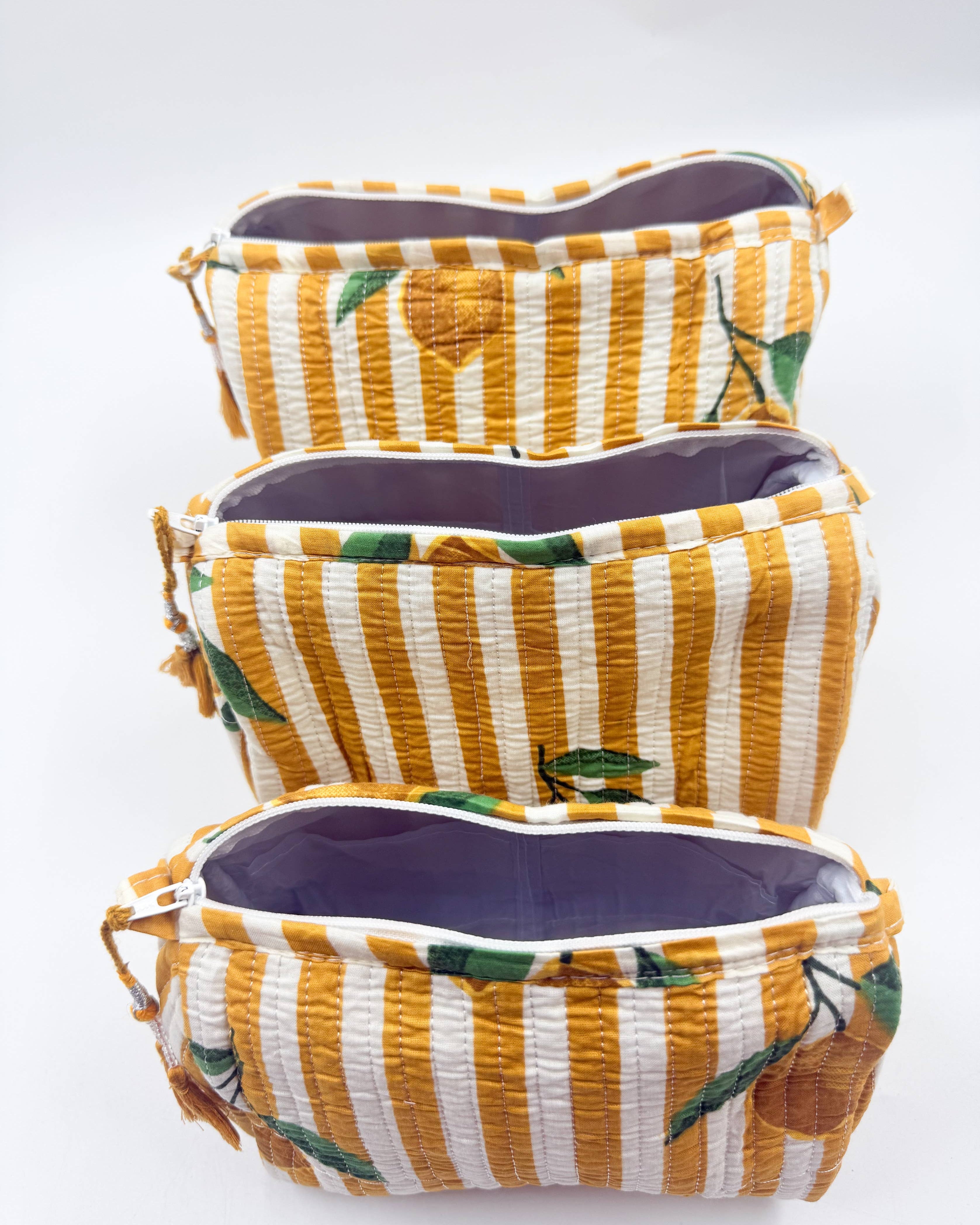 Set of Three Quilted Wash Bags with Lemon Stripe Print