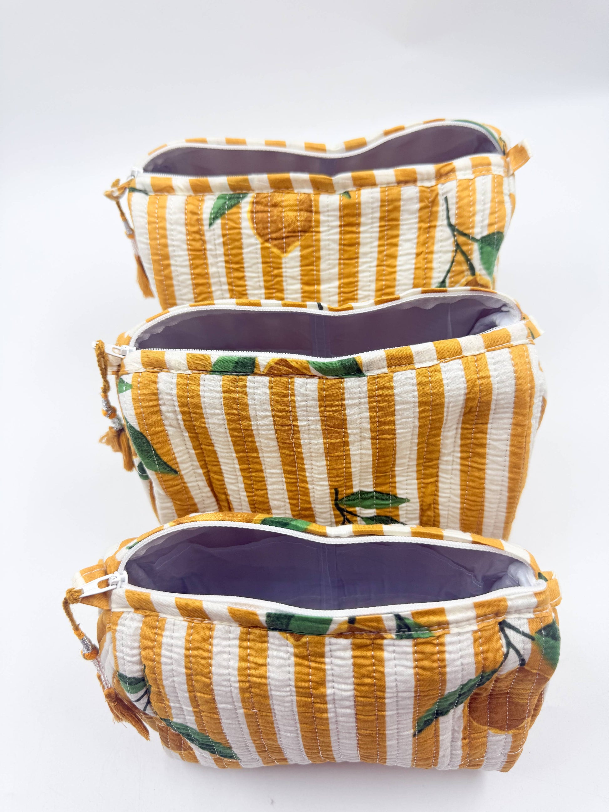 Set of Three Quilted Wash Bags with Lemon Stripe Print
