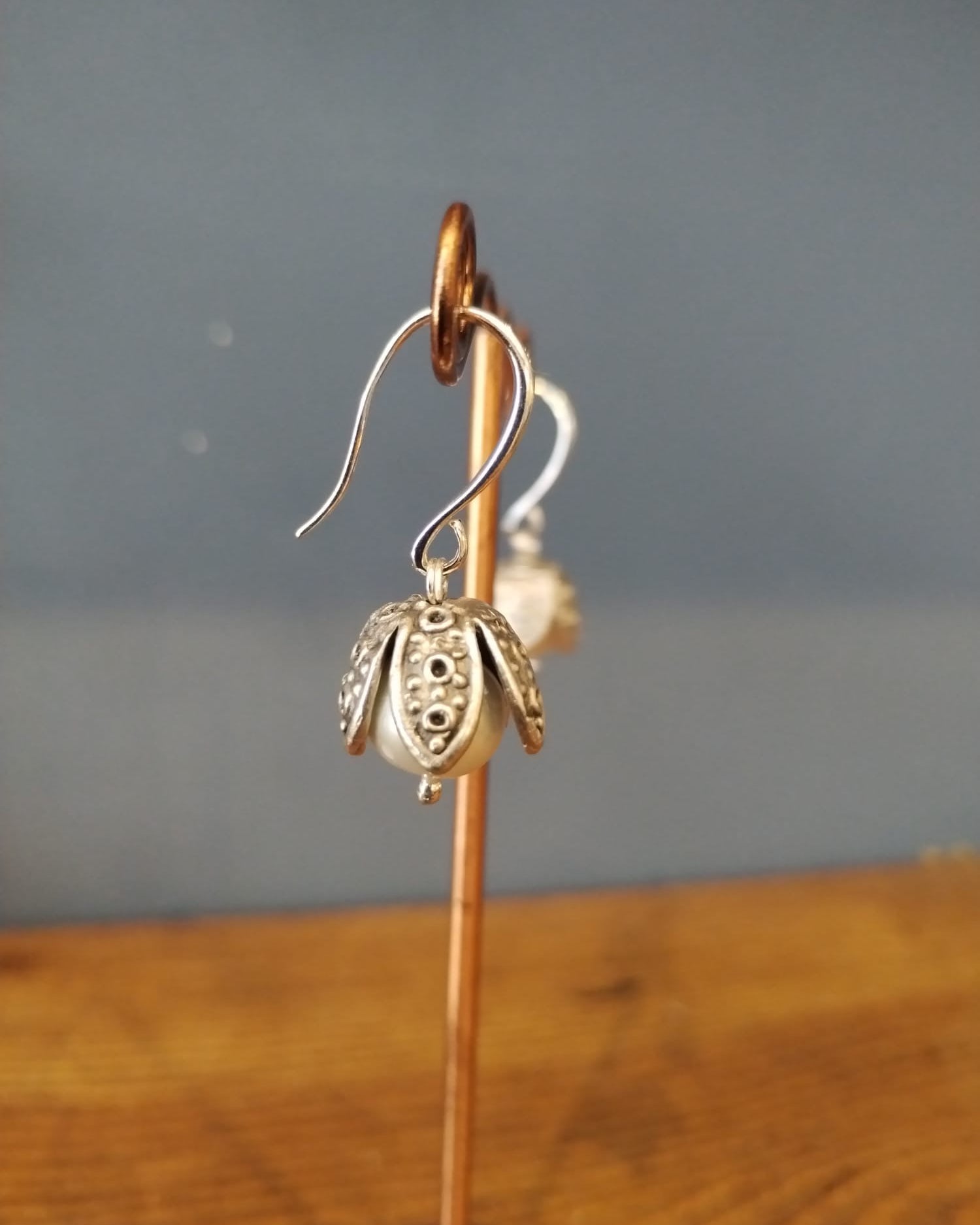 Freshwater Pearl Drop Earrings With Silver Flower Bud Earrings