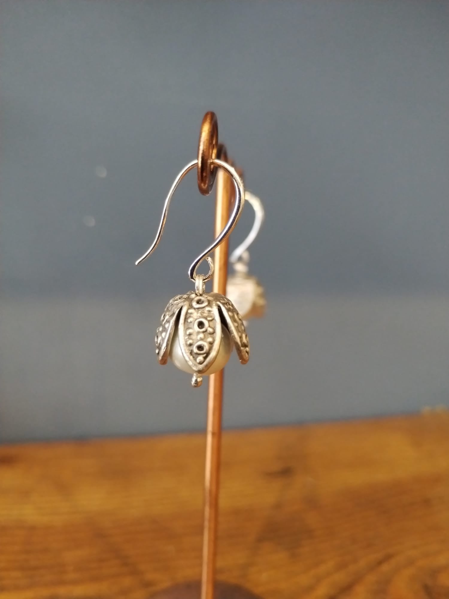Freshwater Pearl Drop Earrings With Silver Flower Bud Earrings
