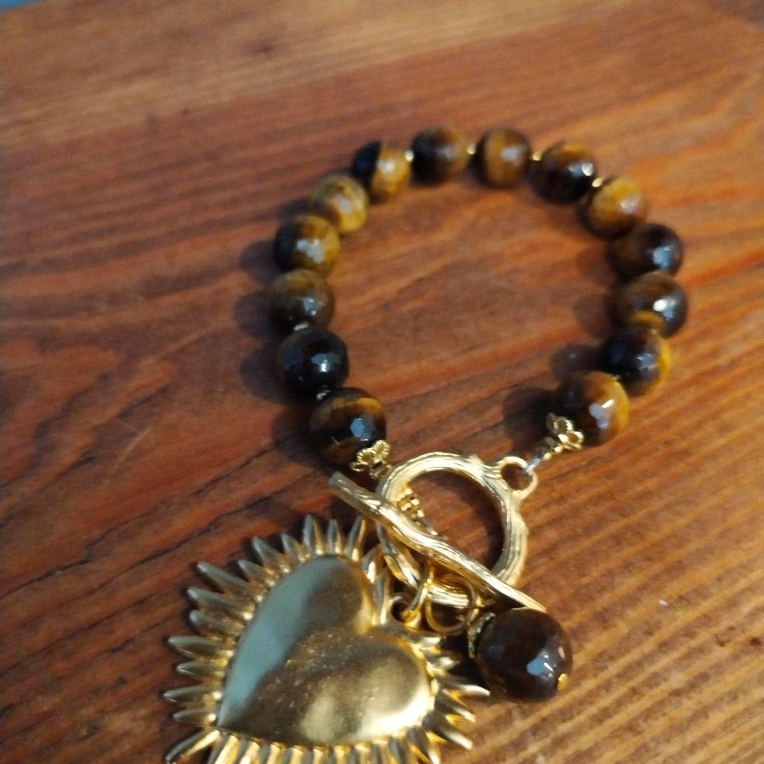 Tiger’s Eye Bracelet with flaming heart Handmade  – 19cm