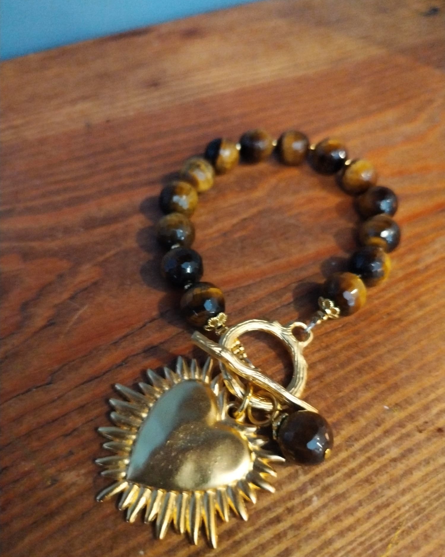 Tiger’s Eye Bracelet with flaming heart Handmade  – 19cm