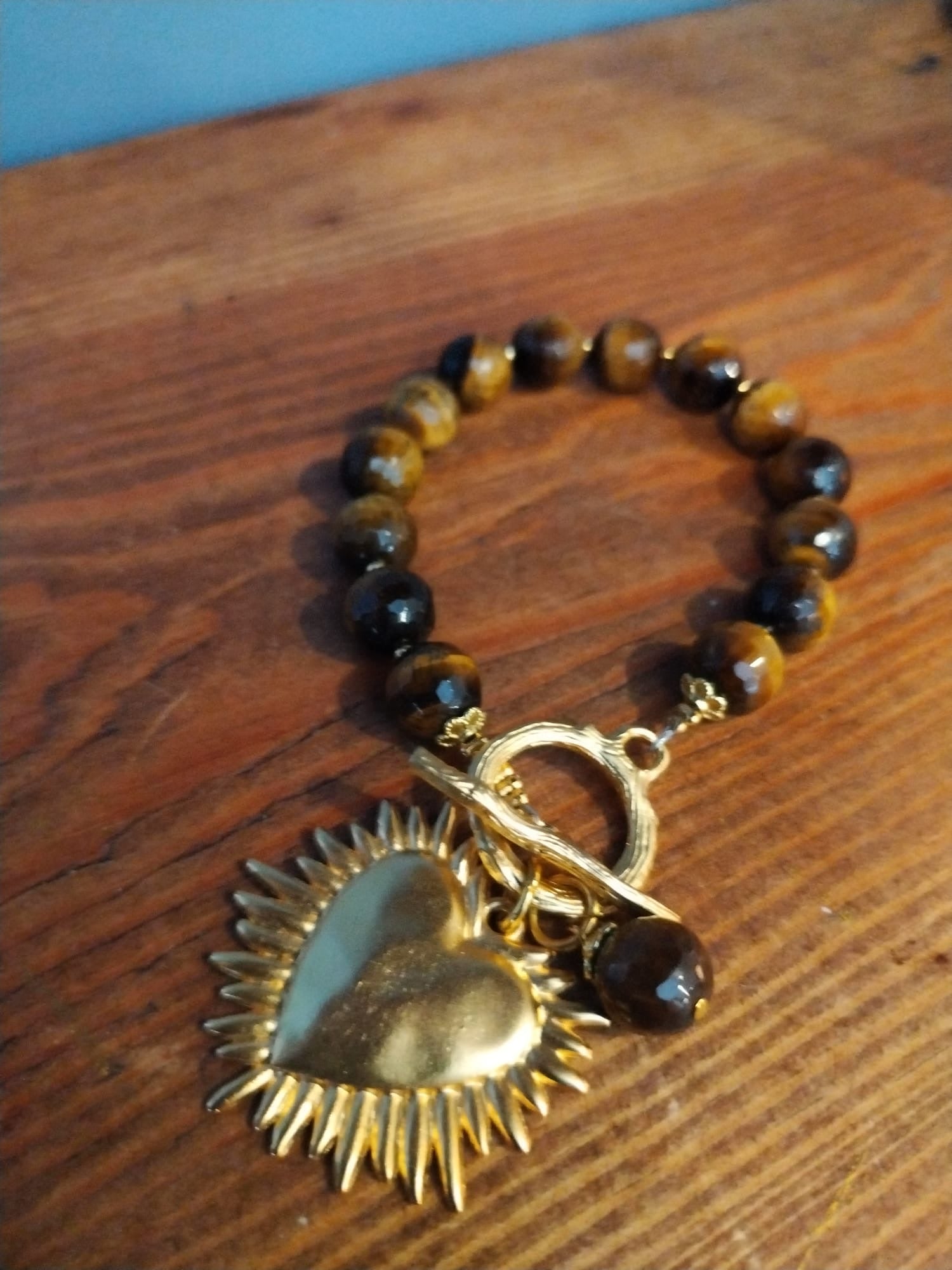 Tiger’s Eye Bracelet with flaming heart Handmade  – 19cm
