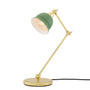 Desk lamp with green shade and gold arm on a white background