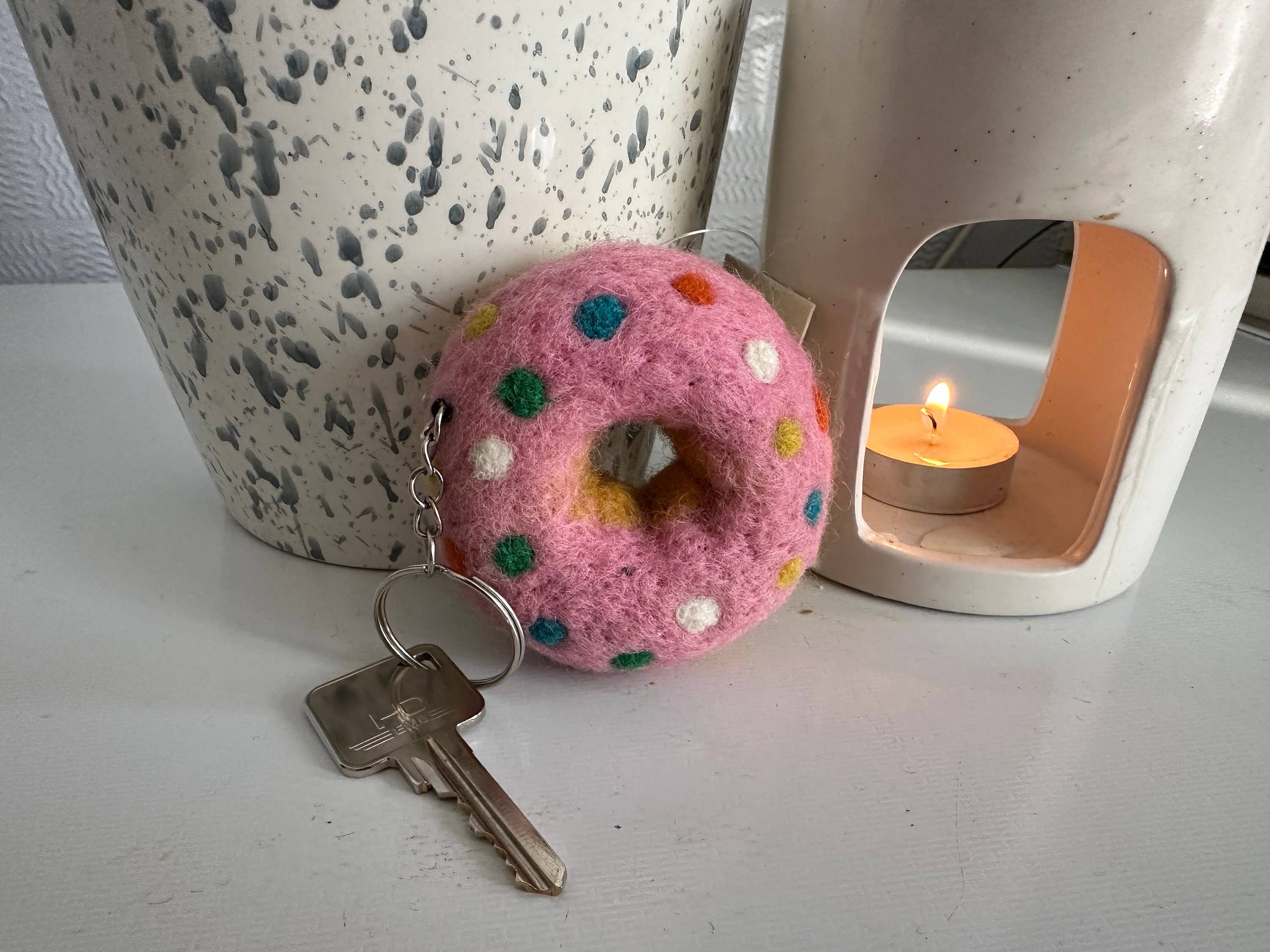 Donut Strawberry Sprinkle Keyring - Handmade in felt