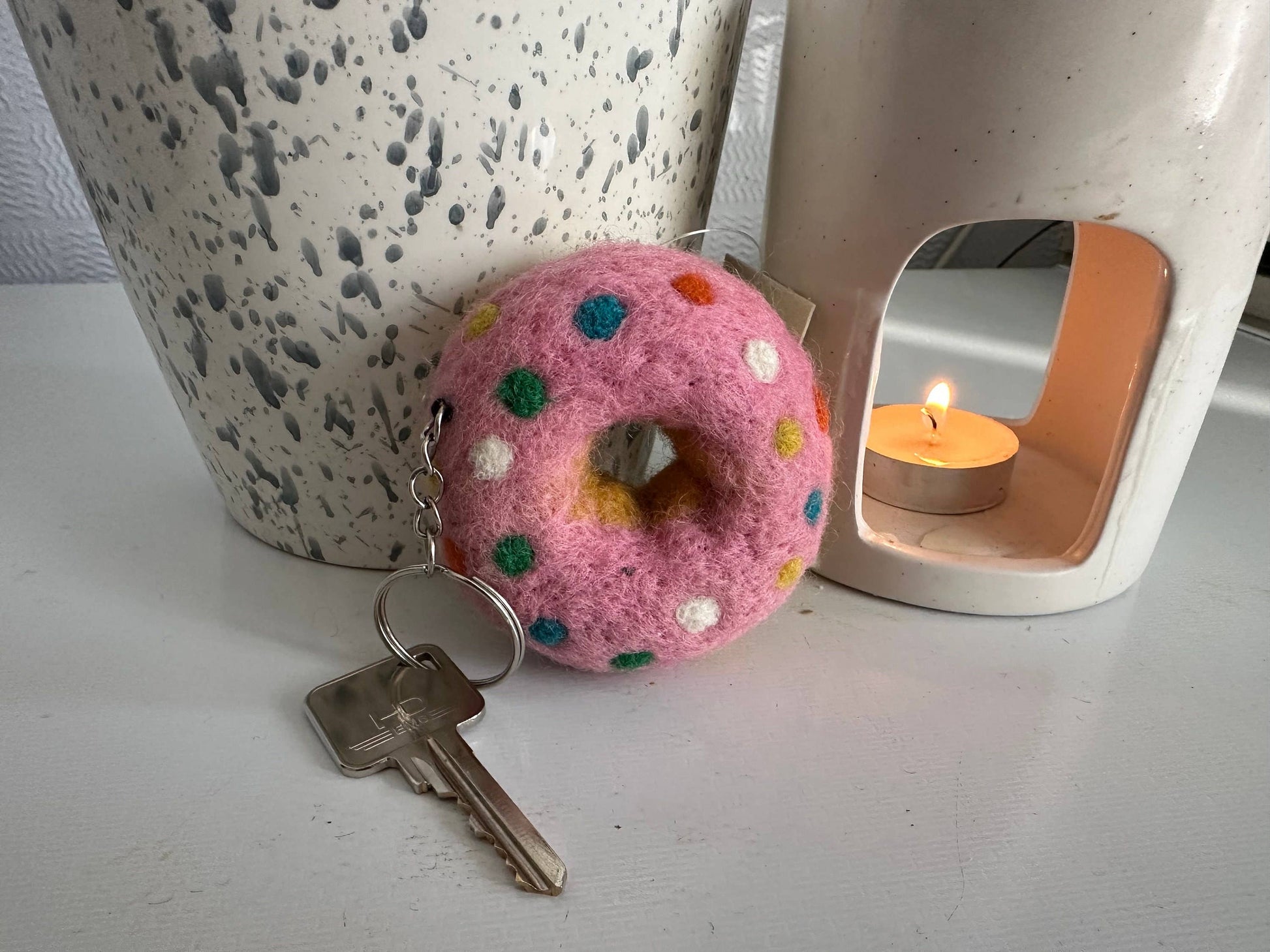 Donut Strawberry Sprinkle Keyring - Handmade in felt
