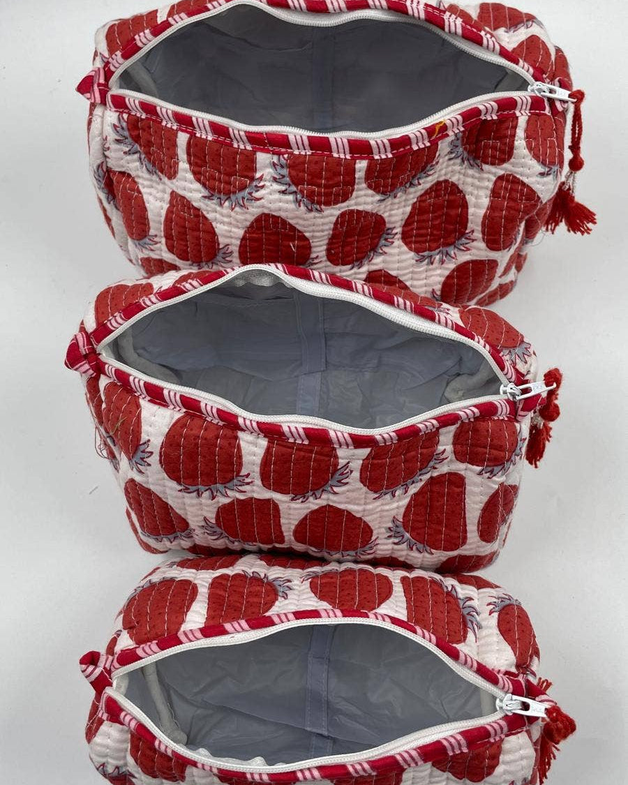 Cotton quilted Strawberry design wash bag set of 3 small medium & large