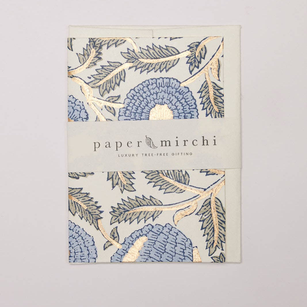 Hand Block Printed Greeting Card - Marigold Glitz Blue Stone