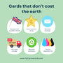 Promotional graphic for Highgrove Cards with icons and text highlighting features like UK design, 5-star rating, recycled envelope, fast delivery, recycled packaging, and vegetable inks.