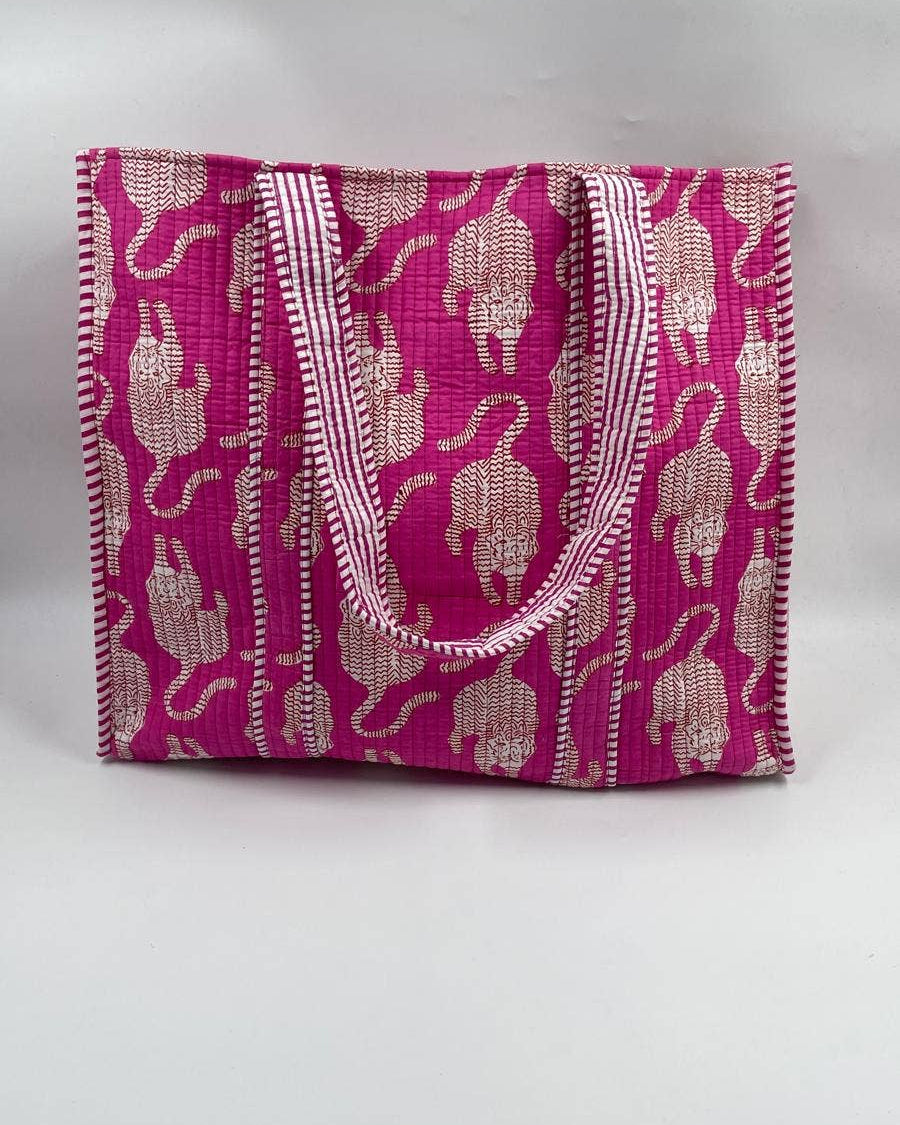 Cotton Pink Tiger Kantha Quilted Tote Bag