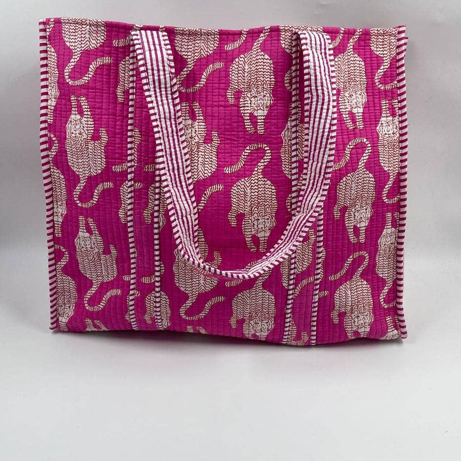 Cotton Pink Tiger Kantha Quilted Tote Bag