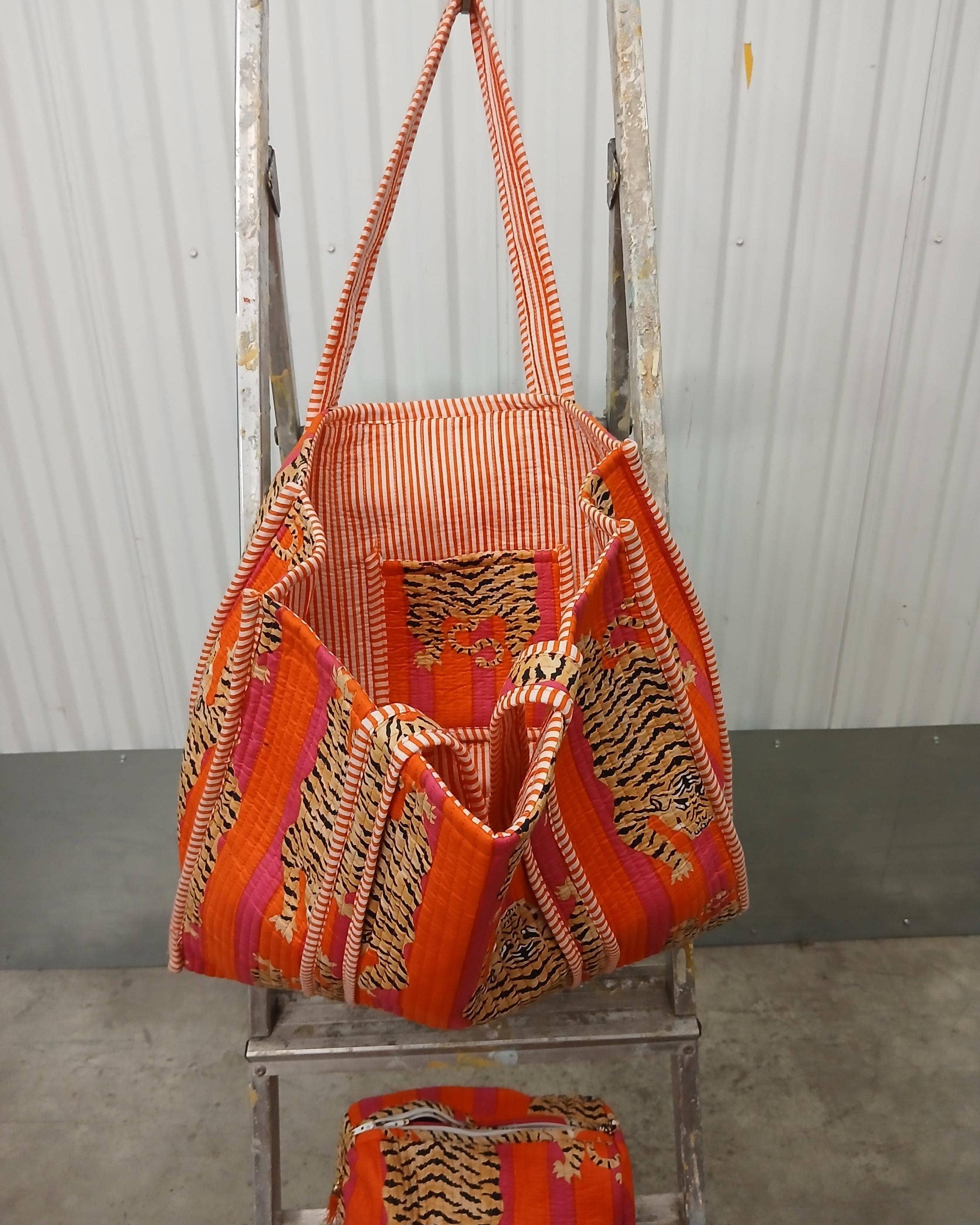 Orange Tiger Cotton Quilted Kantha Tote Bag