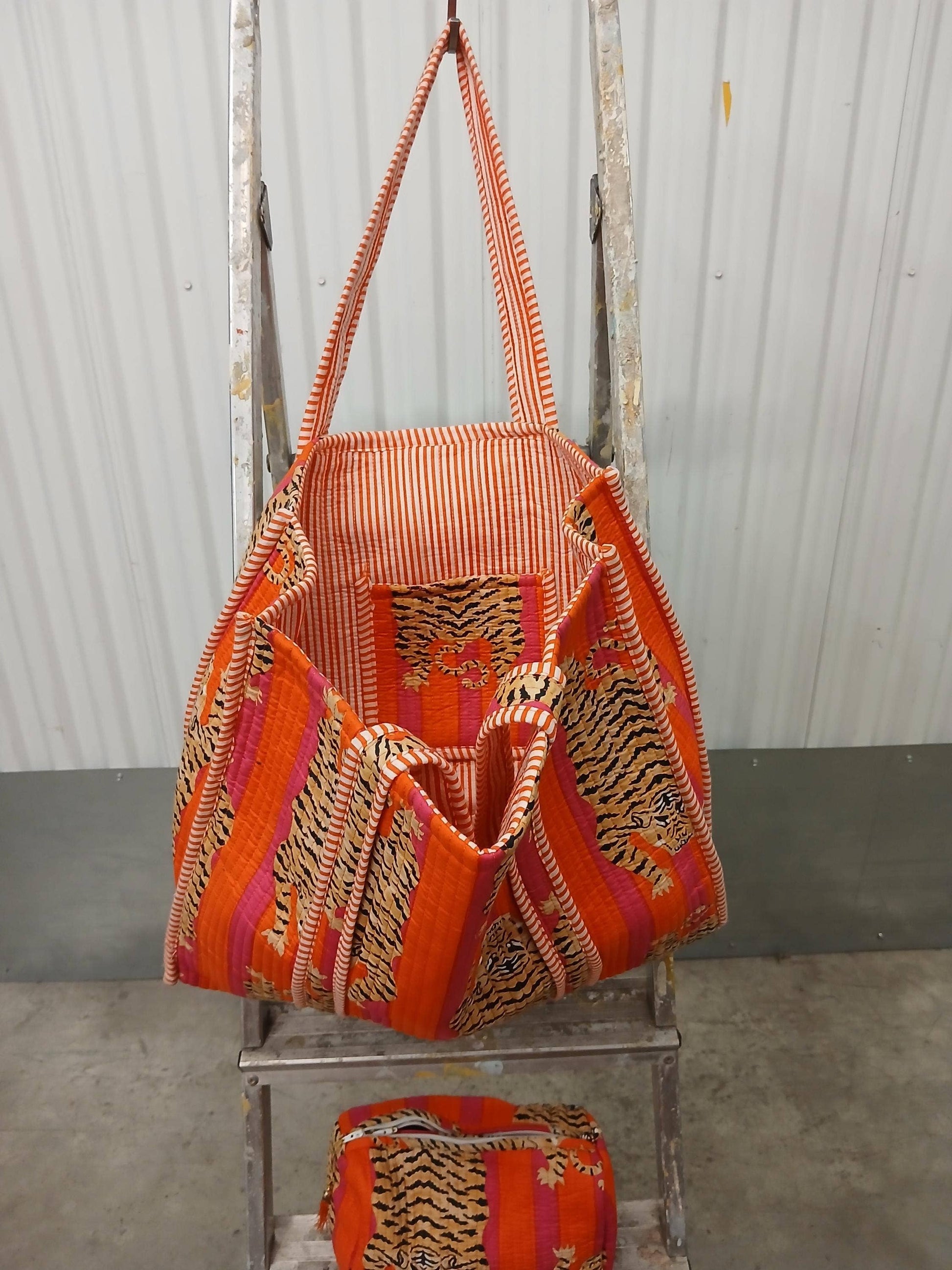 Orange Tiger Cotton Quilted Kantha Tote Bag