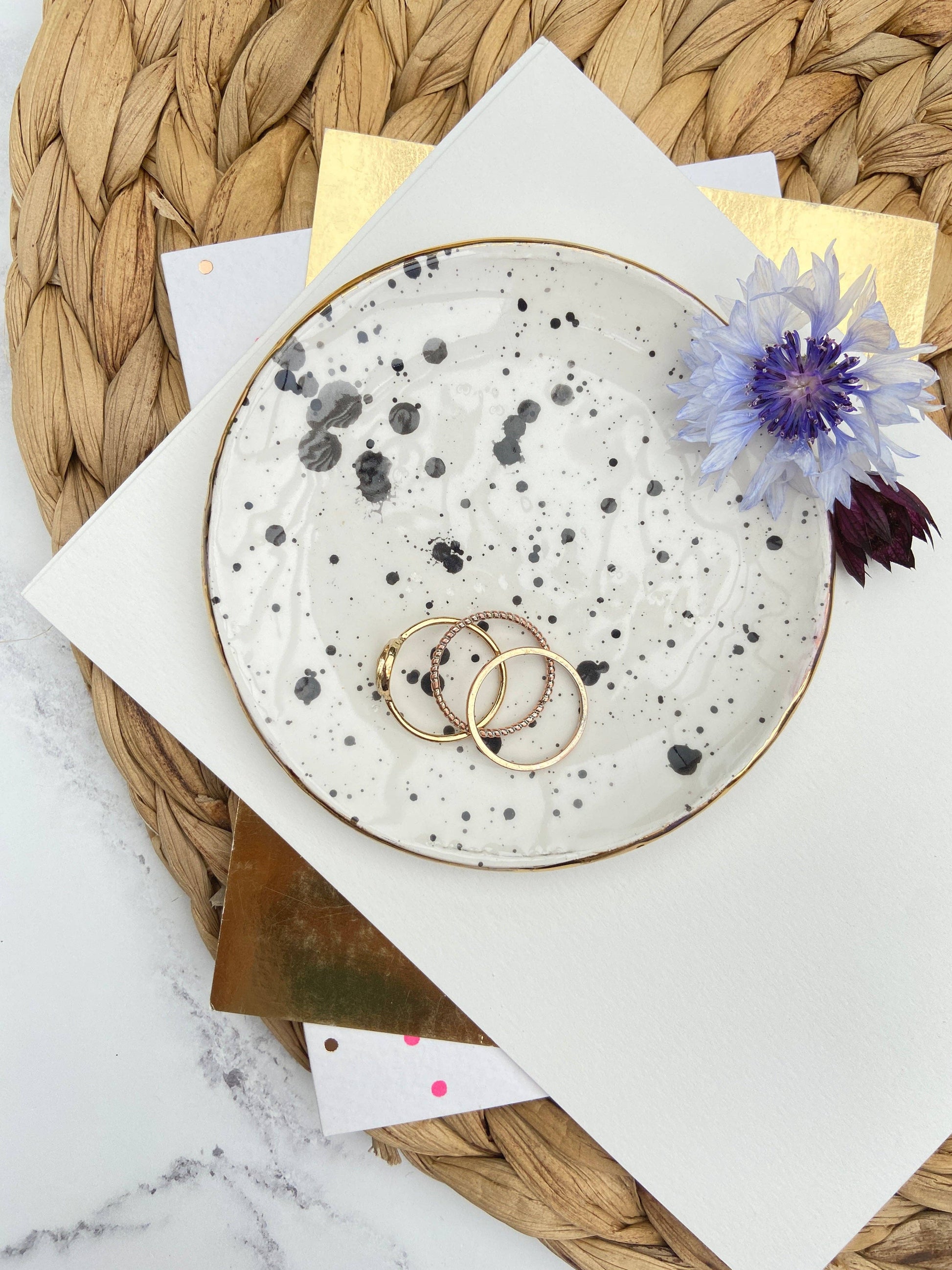 Black and White Spotty Ceramic Trinket Dish: Gold