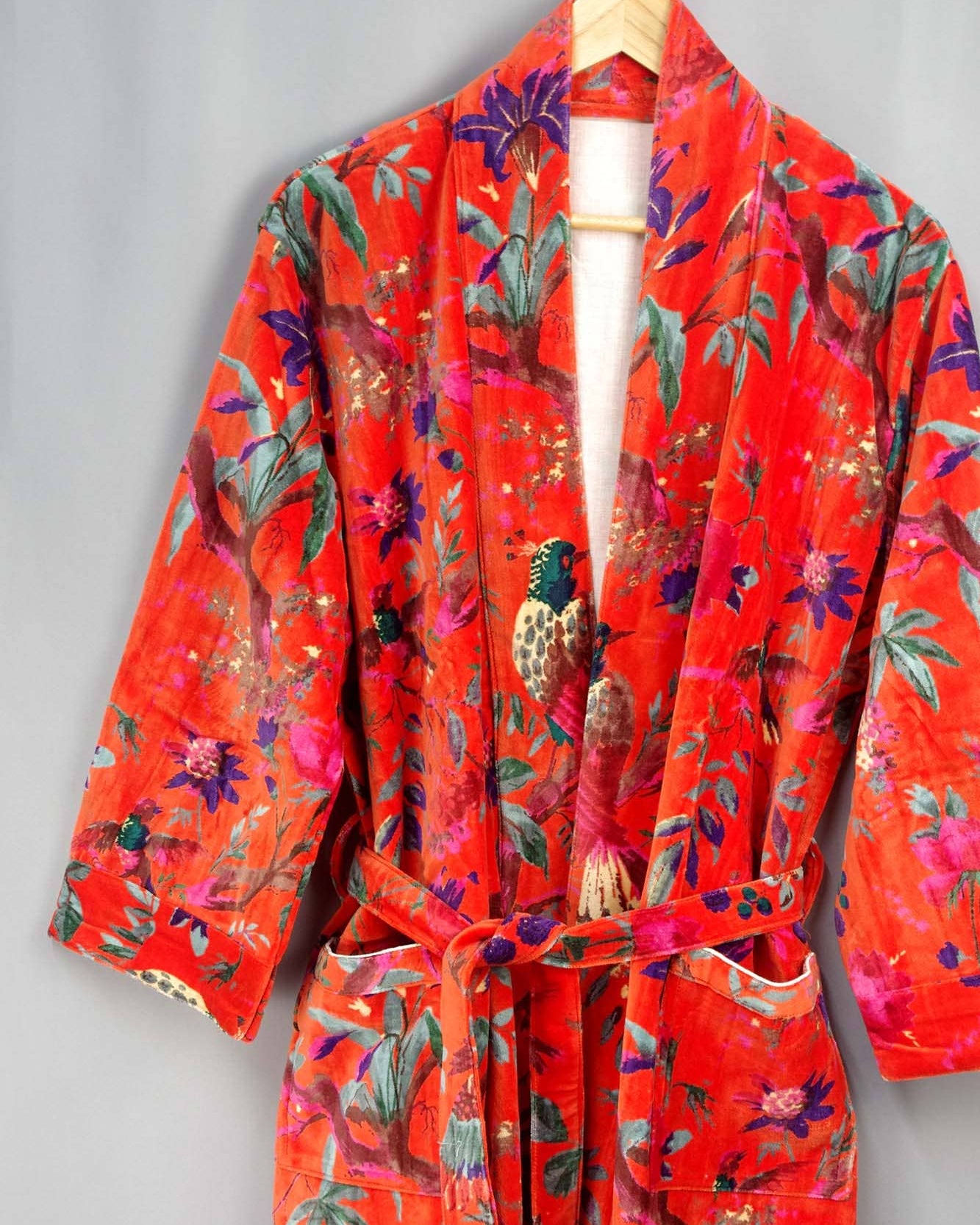 Velvet Kimono With Lining Gown - Orange Tropical Bird Print