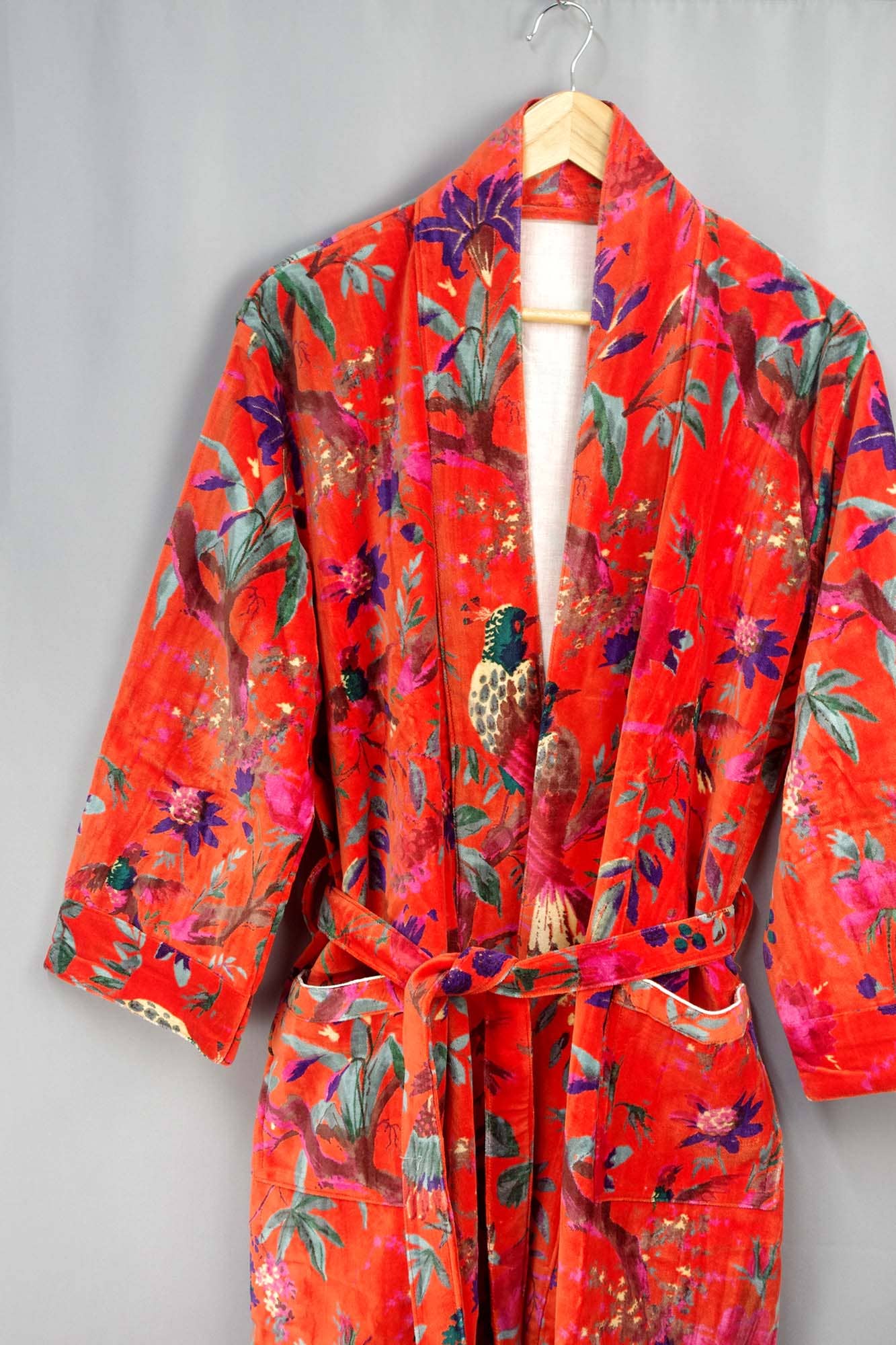 Velvet Kimono With Lining Gown - Orange Tropical Bird Print
