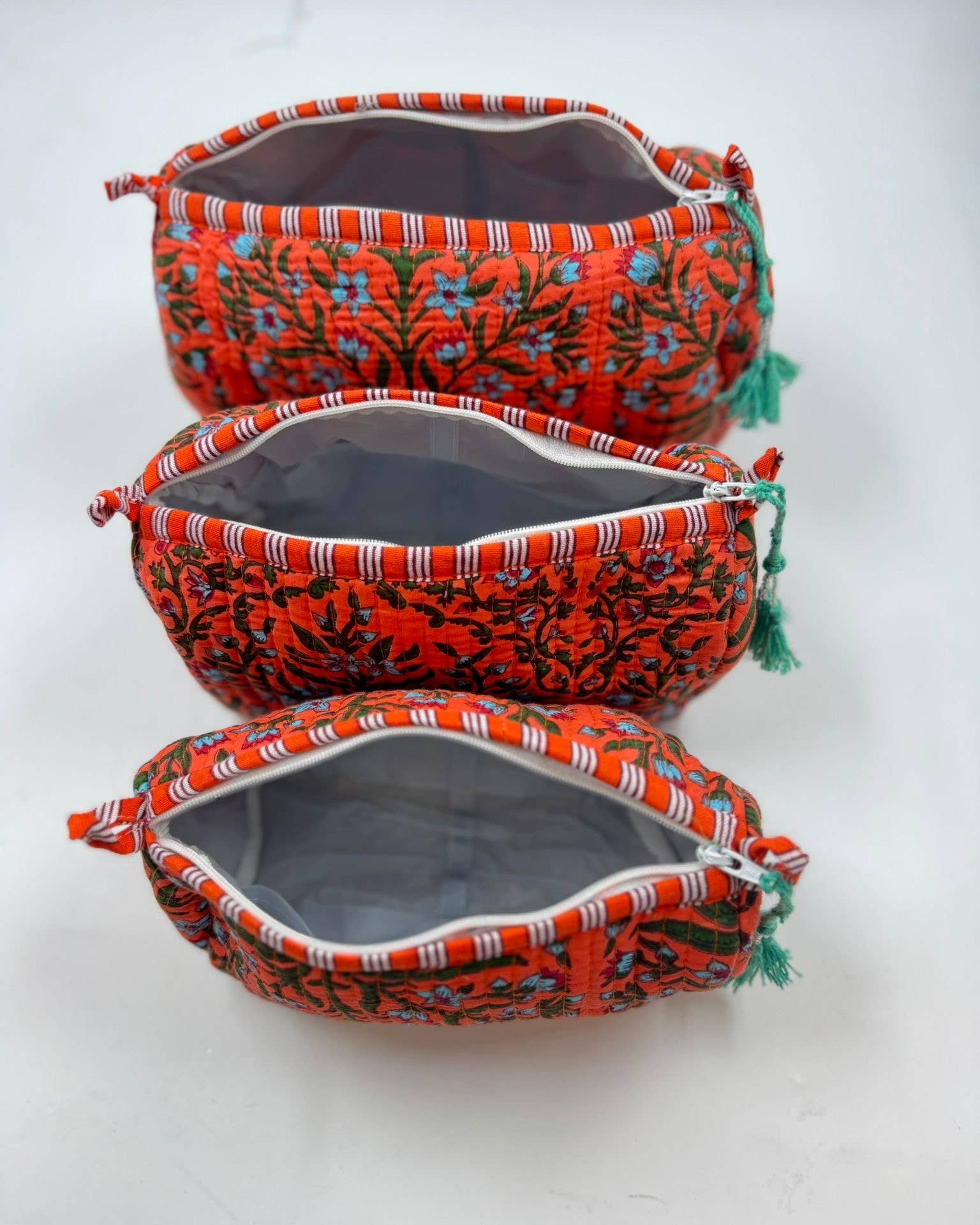 Orange cotton  quilted wash bag. Set of three -  small, medium,  large
