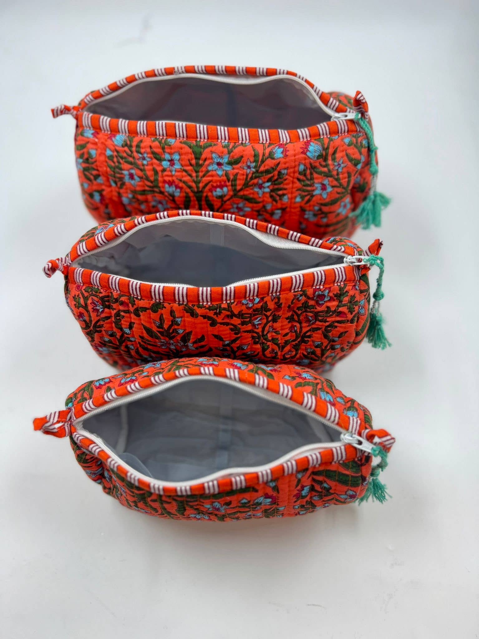 Orange cotton  quilted wash bag. Set of three -  small, medium,  large