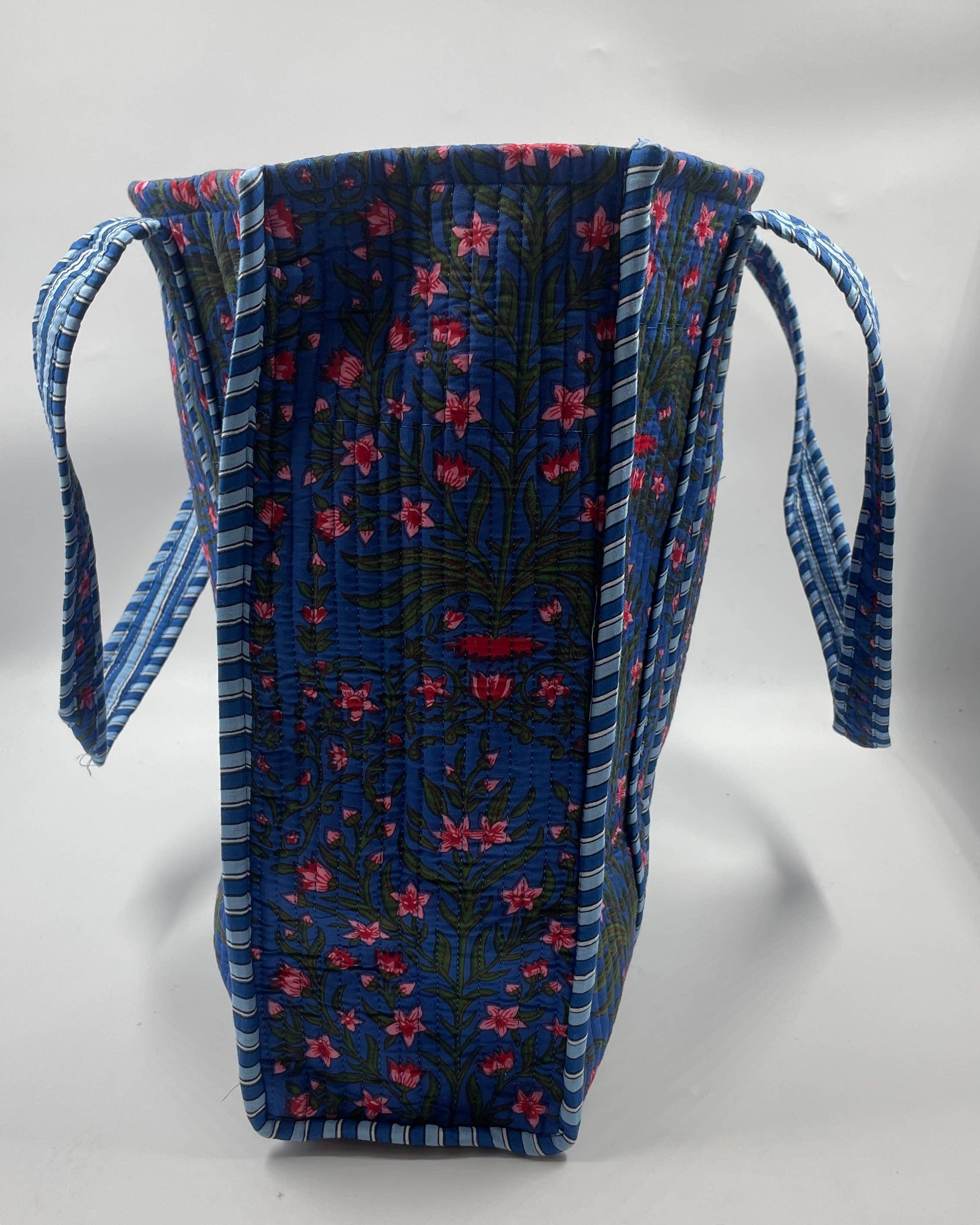 Dark Blue Floral Cotton Quilted Tote Bag