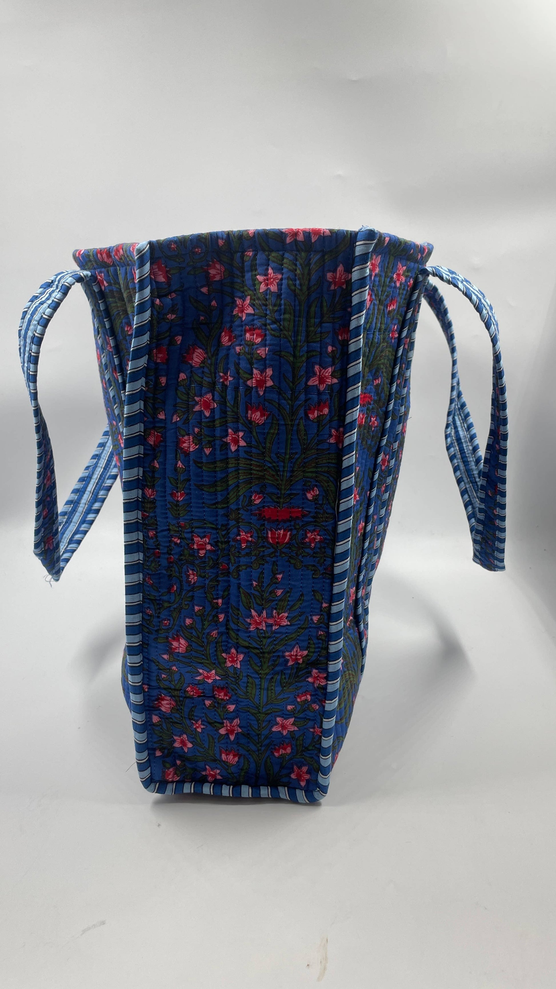 Dark Blue Floral Cotton Quilted Tote Bag