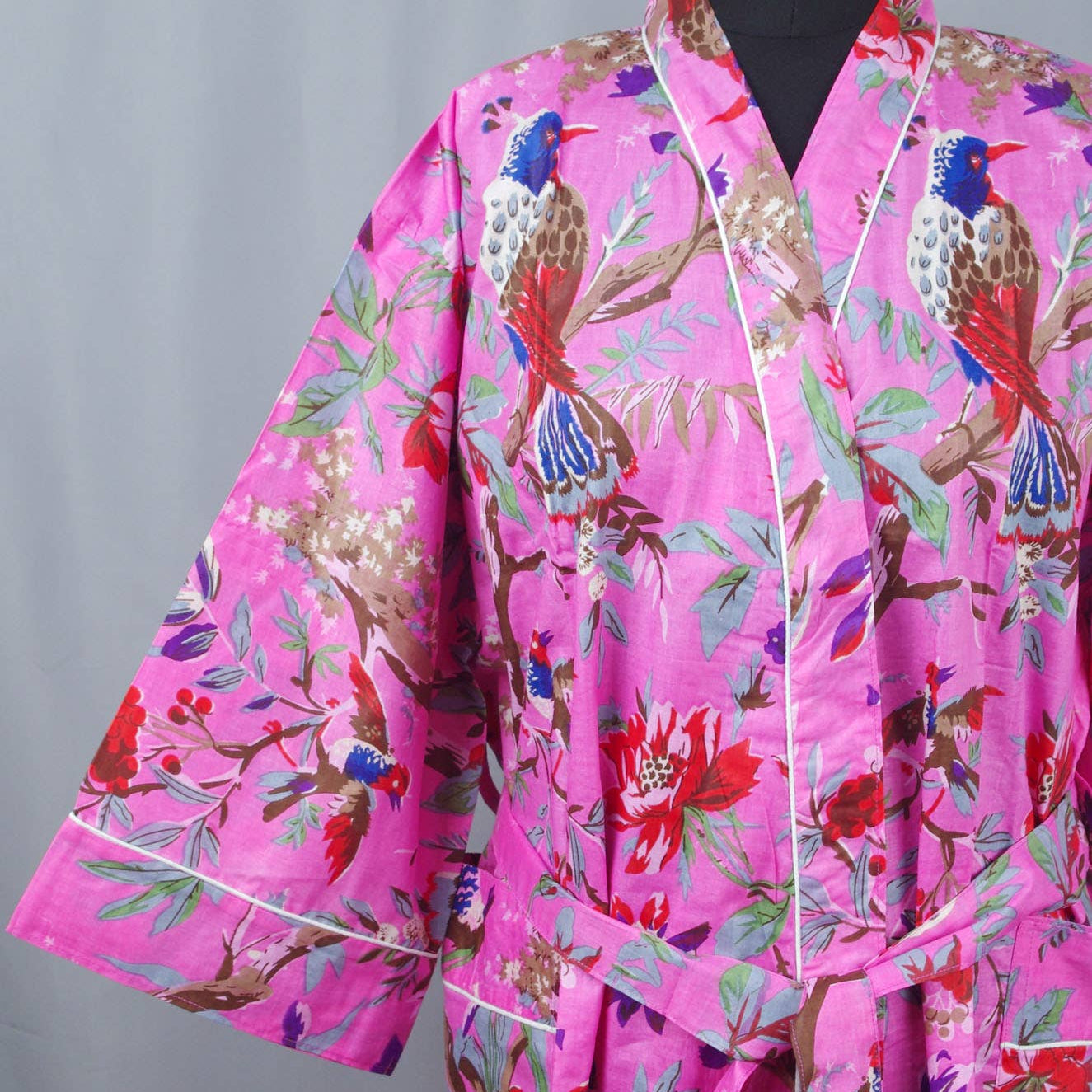 Cotton Kimono Dressing Gown Robe -Pink Tropical Birds Print