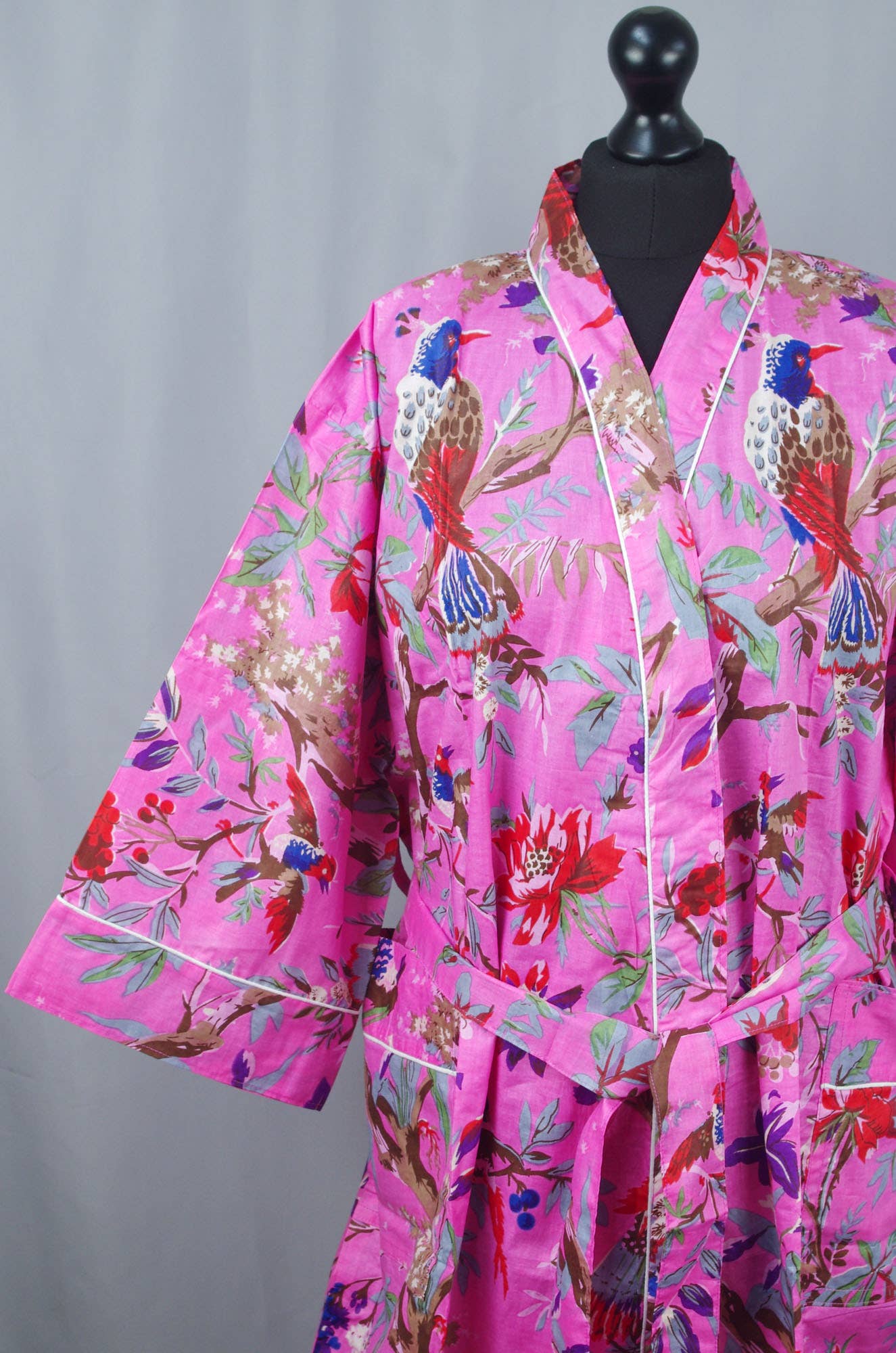 Cotton Kimono Dressing Gown Robe -Pink Tropical Birds Print