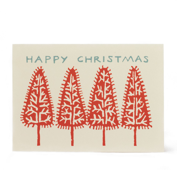 Christmas card with red Christmas trees and 'Happy Christmas' text on a beige background